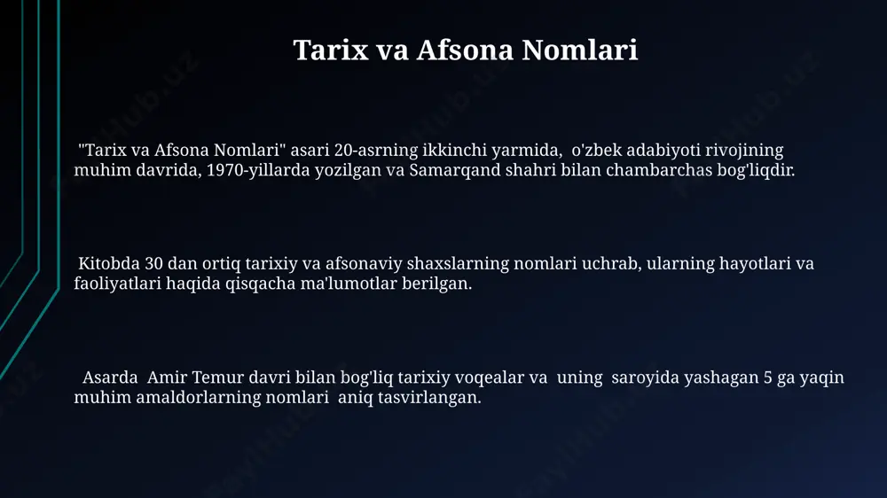 arini va adabiy uslublarini aniqlashda muhim rol o'ynaydi. nomlar va xarakter: o'zaro aloqalar 19-asr rus adabiyotida, dostoevskiy romanlaridagi 20 dan ortiq qahramon nomi, ularning xarakterini aks ettiruvchi, o'ziga xos semantik yuk ko'targan. masalan, “qaroqchilar” qissasidagi personajlarning nomlari ularning ijtimoiy mavqeini ifodalaydi. abdulla qodiriyning "o'tkan kunlar" romanidagi 15 ga yaqin asosiy qahramonning nomlari va ularning ijtimoiy-psixologik xususiyatlari o'rtasidagi chambarchas bog'liqlik toshkent shahridagi ijtimoiy hayotning manzarasini aks ettiradi. uzbek adabiyoti tarixida, 20-asr boshlarida namangan viloyatidan bo'lgan yozuvchilarning asarlarida qahramonlarning ismlari, ko'pincha milliy an'analar va tarixiy shaxslarning nomlari bilan bog'liqdir. ramziy nomlar va ularning ma'nosi uzbek adabiyotida taxminan 300 ga yaqin turli xil taxalluslar qo'llanilgan bo'lib, ularning 10 foizi geografik joy nomlaridan yoki tabiat hodisalaridan olingan. “ramziy nomlar” to'plami 1920-yillar toshkent shahrida nashr etilgan va unda 50 dan ortiq yozuvchi va shoirning ramziy nomlari va ularning ma'nolari tahlil qilingan. 19-asr oxiri va 20-asr boshlarida buxoro va samarqand shaharlarida yashagan mashhur shoir va yozuvchilarning …