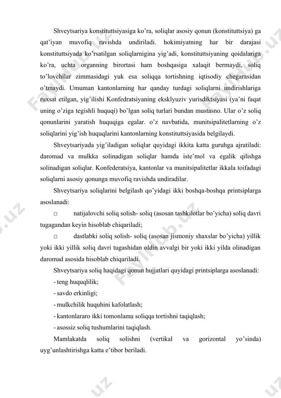 allar, televidenie, radio va hakozolar bo’yicha). tashkilotlarning savdo oboroti yiliga 250 ming shveytsariya frankidan oshsa, ular qqs to’lovchisi bo’ladilar. xizmatlar importi yiliga 10 ming shvetsariya frankidan oshmasa, qqs to’lashdan ozod qilinadi. bojxona bojlari import bo’yicha ham, eksport bo’yicha ham bojxona tariflarida belgilangan stavkalar asosida undiriladi. poshlinalar qiymat bo’yicha emas, faqat vazn birligidan undiriladi. to’g’ri soliqlar orasida jismoniy shaxslardan olinadigan daromad solig’i va yuridik shaxslardan oladigan foydasiga hamda ularning kapitaliga solinadigan soliqlar eng katta ahamiyatga ega. jismoniy shaxslardan olinadigan daromad solig’ini shveytsariyada foyda olib faoliyat yuritadigan barcha shaxslar to’laydilar. soliq ikki yillik davrga belgilanadi va har yili kantonlar tomonidan konfederatsiya uchun yig’iladi. maishiy xizmatlar, pensiyalar, ko’p yil ishlaganlik uchun beriladigan ustamalar, taqdirlovlar, ko’char va ko’chmas mulkdan keladigan daromad, capital o’sishi, lotereya sovrinlari va hokazolar federal daromad solig’iga tortish ob’ekti bo’ladi. daromad olish bilan bog’liq bo’lgan xarajatlar jami daromaddan chegiriladi. shuningdek transport xarajatlari (0,60 shv.franki km), soliq to’lovchi uyida ovqatlanmaydigan taqdirda ovqatlanish …