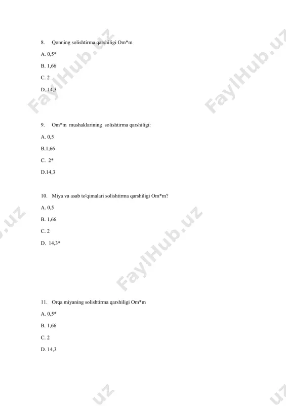 igi b. zaryadlangan zarralar kontsentratsiyasi c.zaryadlangan zarrachalar- ning tezligi *d. tok zichligi 38. j=qnυ formulasida q parametri nimani ifodalaydi ? * a. elektr zaryadi b.zaryadlangan zarralar kontsentratsiyasi c. zaryadlangan zarrachalarning tezligi d. hozirgi zichlik 39. j=qnυ formulada n qanday parametr hisoblanadi? a. elektr zaryadi *b.zaryadlangan zarrachalarning konsentratsiyasi c.zaryadlangan zarrachalarning tezligi d. bug' zichligi 40.j=qnυ formulasida υ parametri nimani ifodalaydi ? a. elektr zaryadi b.zaryadlangan zarrachalarning konsentratsiyasi *c.zaryadlangan zarrachalarning tezligi d. bug ' zichligi 41.to’g’ri tok ifodasini toping ? a*.tok kuchi chastotasi o’zgarishi no’lga teng b. oqim kuchi 50 gts chastotada o'zgaradi c. oqim kuchi 220 gts chastotada o'zgaradi d. oqim kuchi nolga teng bo'lmagan chastota bilan o'zgaradi 42.kapasitiv qarshilik qanday aniqlanadi ? а*. х = 1 / (wc) b. x = wl c. x = wl + wc d. x = р+ 1/(wc) 43.o'tkazuvchilar-bu elektr maydon kuchining ta'siri ostida elektr zaryadlarining siljishi sodir bo'lgan moddalar ...... a.masofalarda, ko'p atomlarning chiziqli …
