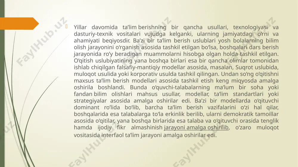 video effektlar va ularni boshqarishning samarali metodlaridan foydalanish. multimedia muhitida elektron o‘quv qo‘llanmalar ishlab chiqish uzoq muddatli va katta mablag‘larni talab qiluvchi jarayondir. shuning uchun ham multimediya muhitida elektron o‘quv qo‘llanmalarni yaratishning barcha bosqichlarini hamda har bir bosqichida qabul qilinishi mumkin bo‘lgan qarorlarni oldindan belgilab olish maqsadga muvofiqdir. bunda quyidagi bosqichlarni bajarish zarur bo‘ladi: tanlash bosqichida multimedia muhitida ko‘rsatilishi kerak bo‘lgan o‘quv fani tanlanadi; tayyorgarlik bosqichida kurs matnni yozish, ko‘rgazmali va ma’lumotli materiallarni tayyorlash, interfeys eskizlarini va o‘quv dasturining stsenariylarini yaratish bo‘ljallanadi; asosiy bosqichda elektron o‘quv qo‘llanmani bevosita yaratish bo‘yicha ishlar amalga oshiriladi; yakunlovchi bosqichda elektron o‘quv qo‘llanmani testdan o‘tkazish va maqomiga etkazish ishlari amalga oshiriladi. elektron pochta – bu axborot almashish xizmatini ko‘rsatish vositasidir. undan foydalanuvchi har qanday o‘quv muassasasi va hattoki o‘z uyida terminal orqali kerakli manzilni ko‘rsatgan holda axborot jo‘natish mumkin yoki qabul qilib olish mumkin. buning uchun axborot kompyuterda yuboriladi, u erda esa tegishli manzilning elektron …