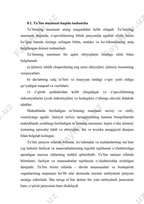 a ko‘ringan vakili amerikalik faylasuf –pedagog jon dyudir. uning qarashicha maktab azaldan mavjud bo‘lgan tabiiy layoqatlarni, qiziqish va odatlarni rivojlantirishga xizmat qilmog’i lozim. shunday ekan, maktablarda hamma o‘quvchilar uchun umumiy bo‘lgan o‘quv rejasi va dasturlarning bo‘lishi ham shart emas, balki alohida-alohida shaxslar layoqatiga moslangan ma’lumotlar berilishi lozim. oktyabr to‘ntarilishigacha bo‘lgan davrda o‘zbekiston hududida vii-viii asrlardan beri davom etib kelgan eski – «usuli qadmiya», xix asrning oxiri va xx asr boshlarida paydo bo‘lgan «usuli savtiya» maktablari, xat –savod o‘rgatadigan diniy maktablar bo‘lgan. 1905 yildan so‘ng, o‘lkaning ba’zi shaharlarida «jadid» maktablari paydo bo‘la boshladi. shunday qilib, maktablarning hammasi o‘sha ijtimoiy tuzum-muhit talablaridan kelib chiqdi va shu davr iqtisodiy, ma’naviy maqsadlari uchun xizmat qildi. hozirgi zamon maktablarida ta’limning mazmuni umuminsoniy fazilatlarga ega bo‘lgan iymonli, e‘tiqodli, bilimli yoshlarni tarbiyalab berishdan iboratdir. davlat ta’lim standartlari - umumiy o’rta, o’rta maxsus, kasb-hunar ta’limi va oliy ta’lim mazmuniga hamda sifatiga qo’yiladigan talablarni belgilaydi. davlat ta’lim standartlarini bajarish …