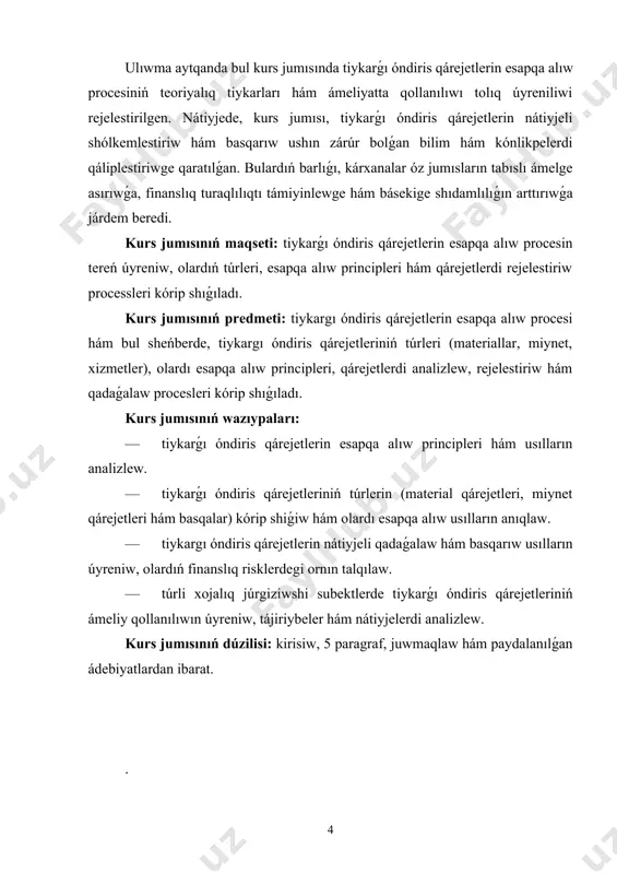 tinde ónimler islep shıǵarıw, jumıslar orinlaw hám xızmetler kórsetiw menen tikkeley baylanıslı bolǵan durıs qárejetler, sonday-aq, járdemshi óndiris qárejetleri, braktan kórilgen joǵaltıwlar hám tiykarǵı óndiristi basqarıw hám xızmet kórsetiwge baylanıslı qıysıq qárejetler sáwlelendiriledi. 2010-"tiykarǵı óndiris" schyotiniń kreditinde islep shıǵarılǵan tayar ónim, orınlanǵan jumıs hám kórsetilgen xızmetlerdiń haqıyqıy ózine túser bahası summası kórsetiledi. bul túsiniklerdi ulıwmalastırıw ushın fermer xojalıqlarında tiykarǵı óndiris qárejetleri quramın hám olardıń qáliplesiw proccesin kórip shıǵamız. bul wazıypalar mámleketimizde tiykarǵı awıl xojalıǵı ónimlerin jetistiriwshi fermer xojalıqları tárepinen ónim jetistiriw, saqlaw, qayta islew, sonıń menen birge, eksport jumısın da ámelge asırıw zárúrligin keltirip shıǵarıp, bir neshe tarmaq fermerleriniń birlesip, kóp tarmaqlı fermer xojalıqların jáne de rawajlandırıw zárúrligin keltirip shıǵaradı. sol sebepli, kóp tarmaqlı fermer xojalıqlarında názerde tutılmaǵan qárejetler esabın júrgiziw, debitor hám kreditorlar menen esap-sanaqlar jáne óndiris rezervleri boyınsha hújjetlestiriw, tarmaq ózgesheligin esapqa alǵan halda qárejetler esabın jetilistiriw baǵdarında ilimiy izertlewler kólemin bunnan bılay da keńeytiw maqsetke muwapıq. ózbekstan …
