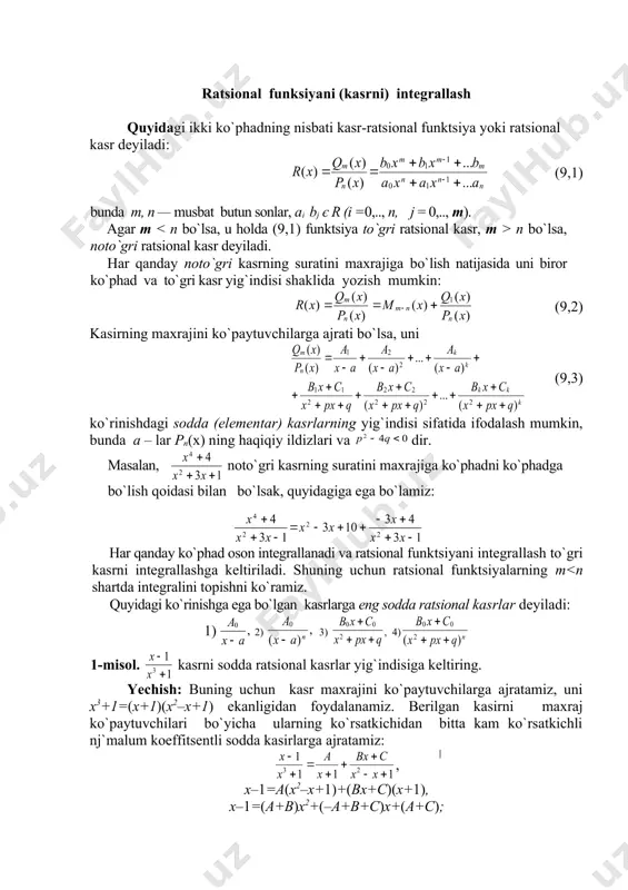 ko`ra, integrallanishi jihatidan bir-biridan farq qiladigan quyidagi to`rt xil sodda (elementar) ratsional kasrlarni integrallash masalasiga keltiriladi: ; bu yerda a0,b0,c0, a,p va q lar berilgan sonlar: 2(n(n, p 2–4q int(a0/(x-a),x)=int(a0/(x-a),x); shape \* mergeformat 2) . > int(a0/(x-a)^n,x)=int(a0/(x-a)^n,x); shape \* mergeformat 3) > int((b0*x+c0)/(x^2+p*x+q),x)=int((b0*x+c0)/(x^2+p*x+q),x); 4) bu yerda . oxirgidan ko`rinadiki, agar ko`rinishdagi integrallarni ololsak, masala haldir. agar bu integralda m=1 desak, bo`ladi. endi, bo`lgan holni qaraylik. oxirgi integralni bo`laklab integrallaymiz: demak, rekkurrent (qaytma) formulani olamiz. endi, m=2,3,…,n qiymatlarni berish natijasida jn ni topamiz. shunday qilib, berilgan ratsional kasrning, yuqoridagi usullar bilan, integralini topa olamiz, ya`ni ratsional kasr integrali elementar funksiyadan iborat bo`lar ekan. > restart; > ik2:=int(1/(t^2+a^2)^m,t); > m:=1:value(ik2); > m:=2:value(ik2); > m:=3:value(ik2); > m:=4:ik2:=value(ik2); > m:=4:a:=1:ik2:=value(ik2); n=2,3 bo`lganda integralini formula asosida topish. 1) > restart; > ik3:=int((a*(t-p/2)+b)/(t^2+a^2)^m,t); > m:=2:ik3:=value(ik3); > m:=3:ik3:=value(ik3); 2) > a:=4:b:=5:p:=6:q:=25:a:=sqrt(4*q-p^2)/2: > with(student): > changevar(t=x+p/2, (ik3, t), x); 3) n=2,3 bo`lganda bevosita topish. > restart; > ik4:=int((4*x+5)/(x^2+6*x+25)^2,x); …