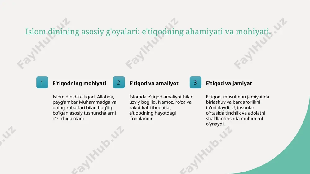 jtimoiy ta'sir e'tiqodlar jamiyatda ahloqiy qadriyatlarni shakllantiradi. islomiy e'tiqodlar tinchlik, adolat va o'zaro hurmatni ta'minlashda muhimdir. 04 hayotdagi o'rni islom e'tiqodlari hayotning har bir sohasida, masalan, oilaviy munosabatlar va ish faoliyatida o'z aksini topadi. bu hayotiy qoidalar orqali amal qiladi. o'zbekistonda islomning madaniy merosi va o'zgarishlari. 1 islomiy arxitektura - o'zbekistonda islomiy arxitektura, masjidlar, madrasalar va maqbaralar ko'rinishida, xususan, samarqand va buxoroda o'ziga xos go'zallikni namoyon etadi. 2 san'at va adabiyot - islom, o'zbekistondagi san'at va adabiyot rivojiga katta ta'sir ko'rsatdi. alisher navoiy va jami kabi shoirlar, diniy motivlardan ilhomlangan. 3 madaniy an'analar - o'zbekistonda islom madaniy an'analarga ta'sir ko'rsatib, qiyomat, ramazon va kurbon hayiti kabi marosimlar va bayramlar orqali davom etmoqda. islom dini va o'zbekistondagi san'at va adabiyotga ta'siri. 1 islom va san'at islom dini, o'zbekiston san'atining rivojlanishiga katta ta'sir ko'rsatdi, xususan, me'morchilik, tasviriy san'at va musiqada o'z aksini topdi. 2 adabiyotdagi izlar o'zbek adabiyoti islom ta'sirida shakllandi; alisher …