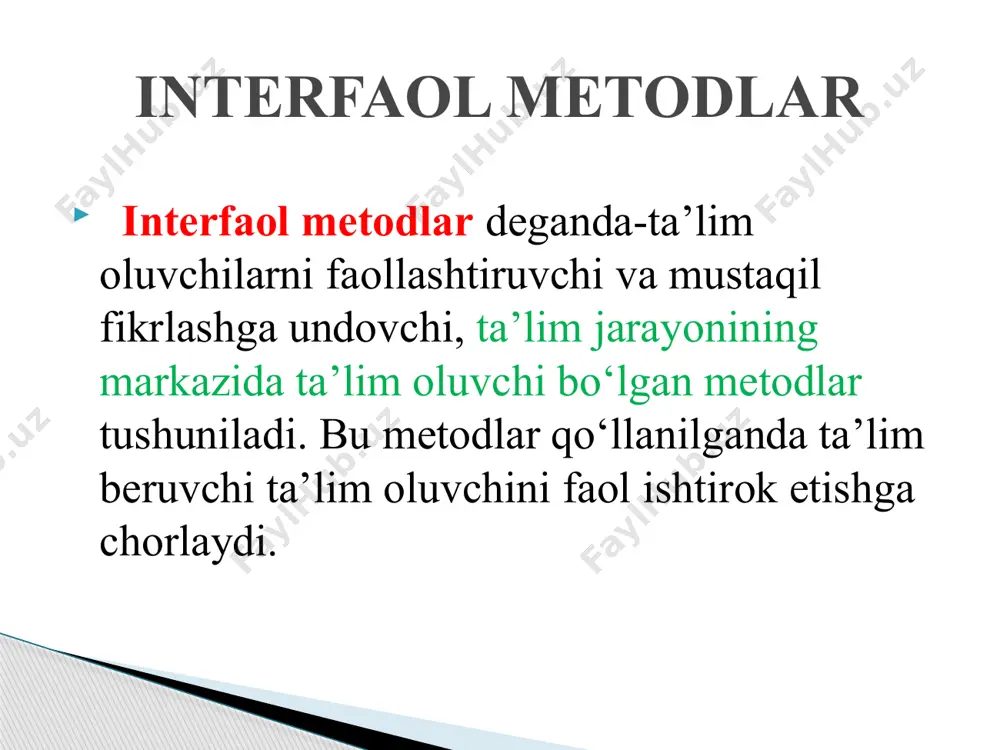 berilgan mavzu asosida yangi novatorlik g‘oya, fikrlar to‘planadi. aytilgan g‘oya, fikrlarning sifatiga emas, ularni qanchalik ko‘p aytilganiga e’tibor qaratiladi. aytilgan g‘oya, fikrlar muhokama ham, tanqid ham qilinmaydi. munozara erkin va o‘zaro samimiy munosabat holatida o‘tkaziladi. to‘plangan g‘oya, fikrlar asosida mavzu bo‘yicha umumiy fikr shakllantiriladi. aytilgan g‘oya, fikrlarning sifati va ular asosida tuzilgan umumiy g‘oya, fikrlarning qay darajada muhimligi shu muammo yoki mavzu bilan yaxshi tanish bo‘lgan mutaxassis-ekspertlar tomonidan baholanadi. ushbu jarayonda o‘qituvchining asosiy vazifasi – imkoni boricha har bir aytilgan g‘oya, fikrni to‘plab borishdan iborat. kitob bilan ishlash ushbu guruh usullar, o`quvchilarning nafaqat tayyor bilimlarini o`zlashtirishi va xotirada saqlab qolishi, balki bevosita ta`lim beruvchining rahbarligi ostida algoritm (na`muna) bo`yicha harakatlarni bajarish mahorati va ko`nikmalarini shakllantirishga qaratilgan reproduktiv faoliyatni ta`minlashga xizmat qiladi kitob bilan ishlash usuli barcha funktsiyalarni bajaradi: ta`lim berish, tarbiyalash, rivojlantirish, asoslash. kitob bilan ishlash usullariga quyidagilar kiradi: uning tuzilishi bilan tanishish; ko`z yugurtirib chiqish; alohida boblarni o`qish; savollarga …