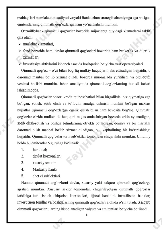 ko'rsatilgan; - ro'yxatdan o'tgan qimmatli qog'ozlar, unda egasining ismi shaklning o'zida yoki reestrda ko'rsatiladi. bu yozma va elektron shaklda sodir bo'ladi; - taqdim etuvchi qimmatli qog'ozlar, emasxaridorni ko'rsatadi va identifikatsiyani talab qilmaydi. ular roʻyxatdan oʻtmagan. hozirgi kunda koʻplab qimmatli qogʻozlar garovga qoʻyilgan. baholash bozor qiymatidan pastroq bo'ladi, shuning uchun kursda yo'qotish bo'lishi mumkin. markaziy bank bilan ishlash xavfsiz emas, turli risklar mavjud. masalan: - markaziy bank likvidligining pasayishi bilan keyingi sotish vaqtida ularning qiymatining pasayishi ehtimoli bor, ayrim hollarda sotish tannarxdan ancha past amalga oshiriladi; 7 - emitent bankrot boʻlganda; - bozor sharoiti yomonlashganda qimmatli qogʻozlar arzonlashadi. agar aksiya narxida yoʻqotish boʻlsa, uni iloji boricha kichikroq tutishga harakat qiling. qimmatli qog'ozlar bozoridagi investitsiyalarni yo'qotish ehtimoli "portfel riski" deb ataladi. qimmatli qog'ozlar narxini yo'qotish ehtimoli juda katta, bu sizning nazoratingizdan bo'lmagan holatlar tufayli yuz berishi mumkin. qimmatli qog'ozlar bozorining quyidagi turlari mavjud: 1. birlamchi, bu erda faqat chiqarilgan qimmatli qog'ozlar sotiladi. …