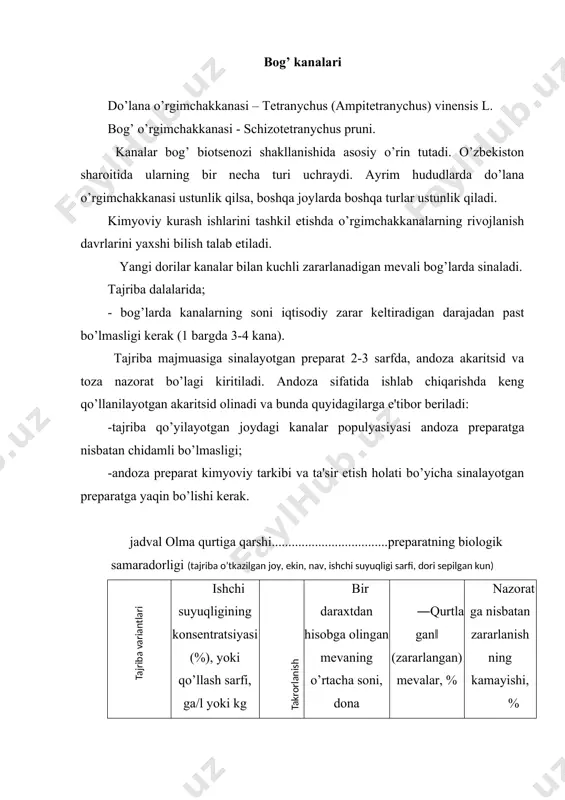 yaqinlikda joylashgan meteostansiya ma'lumotlari yozib boriladi. zararkunanda sonini nazoratga va boshlang’ich miqdoriga nisbatan foiz hisobida kamayishi sinalayotgan preparatning biologik samaradorligini belgilovchi asosiy ko’rsatgichdir. buni aniqlashda abbot formulasidan foydalaniladi: hisoblar 19-jadvalga tushiriladi. harakatchan kanalarni 95-99 % va undan ko’p o’ldirgan, ta'sir etish muddati 15 va undan uzoqroq kun saqlangan akaritsidgina samarali hisoblanadi. ta'sir etish muddati hisoblanganda, dori sepilgan kundan kanalar soni iqtisodiy mezon miqdoriga etguncha (imm) bo’lgan davr nazarda tutiladi. yirik ishlab chiqarish tajribalari o’tkazilganda yangi preparatlarning iqtisodiy samaradorligi ham umumiy bo’limda ko’rsatib o’tilganidek hisoblanadi. bog’ kuyalari do’lana girdak kuyasi - comiostomo scitella l. barg usti bog’ kuyasi - lithocolletis cerylitoliella hw. barg osti bog’ kuyasi - lithocolletis pyrifoliella grom. kuyalar bog’ biotsenozining doimiy vakili bo’lsada, faqat ayrim yillardagina katta iqtisodiy zarar keltiradi. ularning rivojlanishi ko’proq olma bog’larida kuzatiladi. tajribalar agrotexnikasi bir xil, kuyalar miqdori iqtisodiy zarar keltirish miqdoridan (imm) yuqori bo’lgan hamda o’tgan yili ko’p miqdorda uchragan bog’larda o’tkaziladi. tajriba …