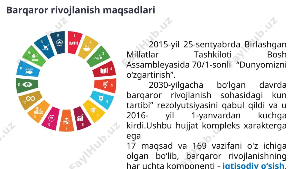 m ning 2018 yil 20 oktabrdagi №841 -sonli qarori vazirlar mahkamasining "2030 yilgacha bo'lgan davrda barqaror rivojlanish sohasidagi milliy maqsad va vazifalarni amalga oshirish chora-tadbirlari to'g'risida" 841 -sonli qarori qabul qilindi. www.companyname.com © 2016 startup theme. all rights reserved. annualreport page www.yourdomain.com * vm ning 2018 yil 20 oktabrdagi №841 -sonli qarori 2030 yilgacha barqaror rivojlanish sohasida 16 ta milliy maqsad va 125 ta vazifalar tasdiqlandi (1-ilova) milliy bt va maqsadli vazifalarni amalga oshirish bo'yicha muvofiqlashtiruvchi kengash tuzildi milliy maqsadlarni amalga oshirish uchun "yo'l xaritasi“ tuzildi www.companyname.com © 2016 startup theme. all rights reserved. annualreport page www.yourdomain.com * 15 14 30 13 11 10 5 16 11 6 10 10 3 11 24 17 bt maqsadlari asosidagi milliy indikatorlar www.companyname.com © 2016 startup theme. all rights reserved. annualreport page www.yourdomain.com * maqsadning mohiyati nimadan iborat? barchani qamrab oluvchi, teng huquqli hamda sifatli ta’limni ta’minlash va barcha uchun uzluksiz ta’lim olish …