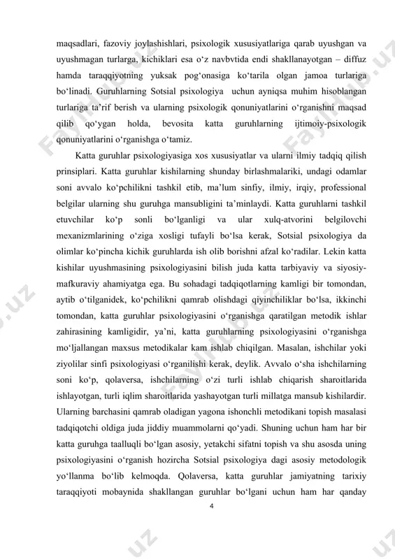 kerak, deylik. avvalo o‘sha ishchilarning soni ko‘p, qolaversa, ishchilarning o‘zi turli ishlab chiqarish sharoitlarida ishlayotgan, turli iqlim sharoitlarida yashayotgan turli millatga mansub kishilardir. ularning barchasini qamrab oladigan yagona ishonchli metodikani topish masalasi tadqiqotchi oldiga juda jiddiy muammolarni qo‘yadi. shuning uchun ham har bir katta guruhga taalluqli bo‘lgan asosiy, yetakchi sifatni topish va shu asosda uning psixologiyasini o‘rganish hozircha sotsial psixologiya dagi asosiy metodologik yo‘llanma bo‘lib kelmoqda. qolaversa, katta guruhlar jamiyatning tarixiy taraqqiyoti mobaynida shakllangan guruhlar bo‘lgani uchun ham har qanday guruhni o‘rganishdan oldin, xoh bu sinflar bo‘lsin, xoh millatlar yoki xalqlar psixologiyasi bo‘lsin, uning hayot tarzi, unga xos bo‘lgan odatlar, udumlar, an’analar o‘rganiladi. ijtimoiy-psixologik ma’noda, hayot tarzini o‘rganish deganda, u yoki bu guruhga taalluqli bo‘lgan kishilar o‘rtasida amalga oshiriladigan muloqot tiplari, o‘zaro munosabatlarda ustun bo‘lgan psixologik omillar, qiziqishlar, qadriyatlar, ehtiyojlar va boshqalar nazarda tutiladi. ana shularning umumiyligi tufayli har bir shaxsda, ya’ni u yoki bu katta guruhga mansub bo‘lgan shaxsda …