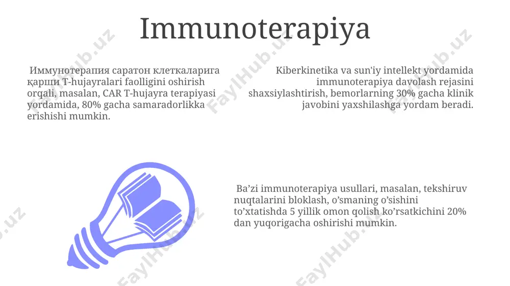 ngi immunoterapiya usullari, pd-1/pd-l1 inhibitörlari kabi, saraton hujayralarining o'sishini 50-70% ga sekinlashtirishi mumkin, ammo yon ta'sirlarga ham ega. e'tiboringiz uchun rahmat @taqdimot_robot image1.jpeg image2.jpeg image3.jpeg