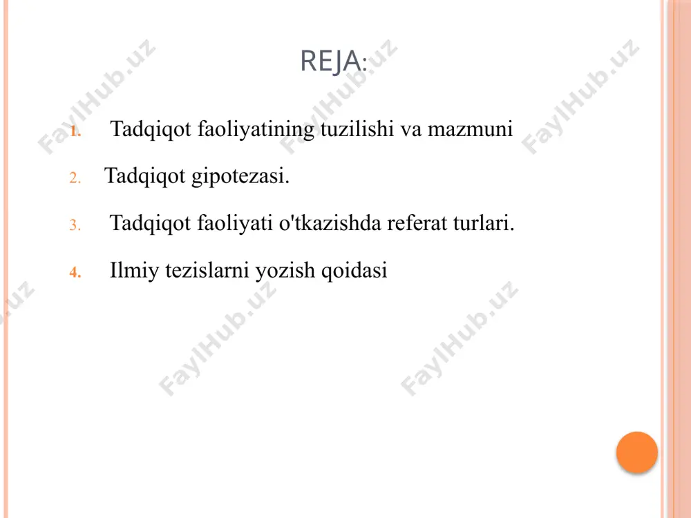 ir. ilmiy tezislarni yozish qoidasi formada uch turdagi tezislar mavjud 1.ishning yoki hisobotning asosiy qoidalarining mohiyatini o'z ichiga olgan qisqacha, qisqacha, aniq, aniq; 2.mualliflik qoidalarining qisqacha tavsifi bilan rag'batlantirildi; 3.o'rganilayotgan jarayonlar va hodisalarning sabablarini tahlil qilish bilan batafsil tezislar mazmuniga qo'yiladigan talablar axborot aniq formulalar mantiqiy ketma-ketlik kontentdagi mutanosiblik qisqa va qisqacha formulalar tezislar hajmi 1,5 dan 3 betgacha matn terish matniga ega bo'lishi kerak. aslida, tezislar siqilgan matnni o'z ichiga oladi. matnni siqish (qisqartirish) aloqani yo'qotmasdan asosiy ma'lumotlarni olishdir. qisqartma matnning kamroq informatsion qismlarini chiqarib tashlash, qolgan qismini o'zgartirish, ishlatiladigan til vositalarini "keng" sinonimiy almashtirish orqali amalga oshiriladi (bir nechta oddiy o'rniga – bir murakkab, bir hil a'zolarni o'tkazish o'rniga – umumlashtiruvchi so'z va boshqalar). image2.jpeg /docprops/thumbnail.jpeg
