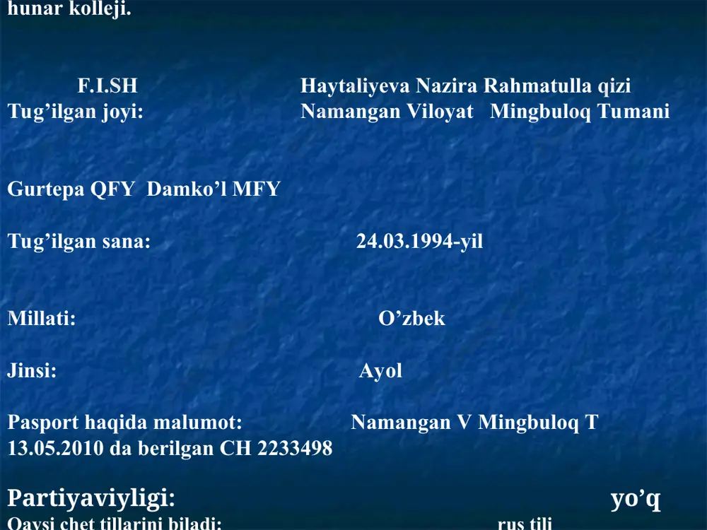 vdo hajmini (sх)ga nisbatini 100 ga ko`paytirish orqali aniqlaymiz “bolalar dunyusi” xususiy korxonasida bajaradigan ishlar yuzasida 4 ta bo’sh ish o’rni yaratiladi. № lavozimi ishchi soni ish-haqi 1 boshqaruvchi 1 150 000 3 katta tikuvchi 1 100 000 4 dazmolchi 1 75 000 5 ishchilar 4 ta 1 350 000 6 jami ish xaqi 3 025 000 ish rejasi № bosqichlar mutasaddi muddati nazoratchi 1 bozorni o`rganish boshqaruvchi har oyning oxirgi haftasida boshqaruvchi 2 mahsulot sifatini tekshirish katta usta doimiy boshqaruvchi 3 xom-ashyo etkazib berish nazoratchi doimiy boshqaruvchi 4 oylik hisob-kitoblar boshqaruvchi har oy yakuni bo`yicha boshqaruvchi 5 ish soati tartibi nazoratchi har kuni boshqaruvchi xulosa xulosa qilib aytganda ushbu biznes reja amalga oshirilishi kutilgan loyiha real foydaga erishishga asoslangan bo’lib bu loyhani mingbuloq tumanida kerakli bo’lgan segmentlari o’rganilgan joyga barpo etiladi. faoliyatga yanada yangicha g’oyalarni tadbiq etishni maqsad qilib qo’yilgan. 2011-kichik biznes va hususiy tadbirkorlik yili munosabati bilan 4 …