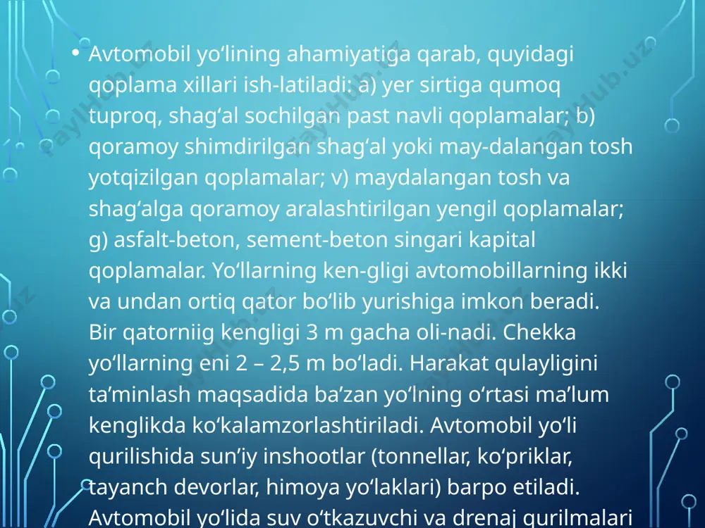 a tezlik bilan harakatlanayotgan avtomobillarda halokat chiqarishi mumkin avtomobillar harakat miqdorini va tezligini oshishi qatnov qismini va yoʻl yoqasini xavfsizlik tasmalari, toshtaxtalar, gʻildirak qaytaruvchi bruslar, chetki tasmalar va boshqalar bilan jihozlashni talab qiladi. chetki tasmalar qatnov qismi qirgʻogʻini koʻrsatadi va chetki harakat tasmasini biroz kengaytiradi. chetki tasma yoʻl qoplamasi qirgʻogʻini mustaxkamlashi zarur, hamda undan rangi bilan farqlanishi va yoʻl qoplamasidan yoʻl yoqasiga oʻtishga xizmat qilishi lozim. chetki tasma kengligi 0,5 - 0,75 m ni tashkil qiladi. avtomobilning tasodifiy ravishda namlangan tuproqli yoʻl yoqasiga chiqib ketishi yoʻl - transport hodisasiga olib keladi. bundan qochish uchun yoʻl yoqasini mustaxkamlash zarur. xulosa hozirgi kunda koʻplab yoʻllarim tamirtalab holga kelib qolgan. shuning uchun biz talabalar yangilik oʻylab topishimiz va tavsiyalar berishimiz lozim.misol uchun germaniya davlatining yoʻllariga oʻxshagan yoʻllar bizning davlat uchun juda zarur. chunki koʻplab yuk mashinalari harakatlanganida ham yoʻl oʻz holatini yoʻqotmaydi. adabiyotlar oʻzme. birinchi jild. toshkent, 2000-yil bu maqolada boshqa til boʻlimlariga …