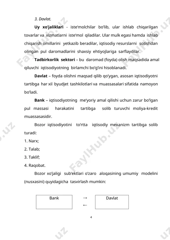 kapital va ishlab chiqarishning yuqori darajada umumlashganligi, mulkning bir qismi yirik monopoliyalar va davlat qo’lida to’planib, milliy va xalqaro miqyosda umumlashganligi; 3. iqtisodiyotni tartibga solishda davlatning faol ishtiroki. davlat fan-texnika taraqqiyotini qo’llash, turli iqtisodiy tadbirlarni o’tkazish, rivojlanish istiqbolini aniqlash, turli sohalar va tarmoqlar o’rtasidagi nisbatlarni tartibga solish chora-tadbirlarini belgilash vazifalarini bajaradi. 4. xo’jaliklarni yuritishda reja usulidan foydalanishning kuchayishi (biznes rejasi, marketing tizimi orqali boshqarish). 5. ijtimoiy himoyaing kuchayishi. bunda davlatga, jamoalar va xususiy kishilarga tegishli turli xil ijtimoiy ta‘minot va ijtimoiy sug’urta fondlarining vujudga kelishi. hozirgi zamon bozor xo’jaligi iqtisodiy xususiy va davlat sektorlarining o’zaro aloqasiga asoslanadi. har qanday iqtisodiy tizim singari bozor iqtisodiyoti ham iqtisodiyotnig umumiy muammolarini ifoda etuvchi qo’yidagi savollarga javob topishi zarur: ya‘ni, nima va qancha miqdorda ishlab chiqarish zarur? qanday texnika va texnalogiya bilan ishlab chiqarish zarur? kim uchun ishlab chiqarish zarur? bozor iqtisodiyoti sharoitida: 1. ko’proq foyda beradigan tovarlar va xizmatlar ishlab chiqariladi; 2. puli …