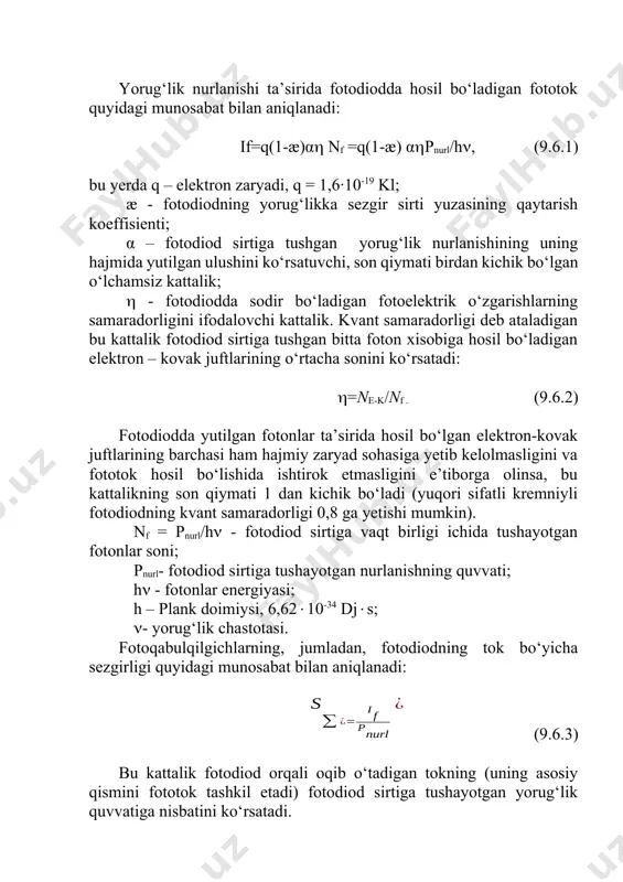 yarim o‘tkazgich man etilgan energetik sohasining kengligi) to‘lqin uzunligining qiymati (9.6.5) uy harorati sharoitida kremniyli fotodiod uchun (wfdm.e.s=1,12 ev) ~ 1,1 mkm, germaniyli fotodiod uchun (wfdm.e.s=0,72 ev) ~ 1,72 mkm, ingaasp yarim o‘tkazgichli fotodiod uchun (wfdm.e.s=0,8 ev) ~ 1,55 mkm qiymat bilan cheklanganligi ma’lum bo‘ladi. yorug‘lik manbaidan tarqalayotgan va optik tola bo‘ylab fotoqabulqiligich sirtiga tushayotgan nurlanish quvvatining o‘rtacha qiymati quyidagi miqdoriy munosabat bilan aniqlanadi: (9.6.6) yorug‘lik nuralanishi fotoqabulqilgich - fotodiod sirtiga tushib, unda elektron kovak juftlarini generatsiyalashi va fototok hosil qilishi uchun uning tarqibidagi fotonlar energiyasi quyidagi shartni qanoatlantirish zarur: (9.6.7) agar yorug‘lik manbai uchun munosabat o‘rinli ekanligini e’tiborga olsak, fotoqabulqilgichning yorug‘lik manbai bilan spektral jihatdan muvofiqligini ifodalovchi (9.6.7) munosabat quyidagi ko‘rinishni oladi: wfdm.e.s.wyom m.e.s. (9.6.8) . image4.wmf oleobject4.bin image5.wmf oleobject5.bin image6.wmf oleobject6.bin image7.wmf oleobject7.bin image8.wmf oleobject8.bin image9.wmf oleobject9.bin image10.wmf oleobject10.bin image1.wmf oleobject1.bin image2.wmf oleobject2.bin image3.wmf oleobject3.bin ) ( l l nurl f p i s = n ah l …