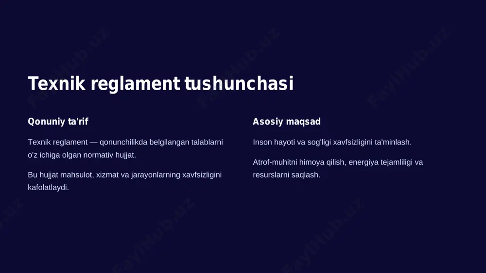 hsulotlarni olishlarini kafolatlash. amaliyotda texnik reglamentlar sanoat ishlab chiqarish jarayonlari, uskunalar va mahsulotlarning xavfsizligini ta'minlash. qishloq xo'jaligi o'simliklarni himoya, tuproq sifati va chorvachilik sohasidagi talablar. oziq-ovqat oziq-ovqat mahsulotlari tarkibi, ishlab chiqarish gigiyenasi va saqlash shartlari. tibbiyot dori-darmonlar, tibbiy asbob-uskunalar va xizmatlarning xavfsizligi. majburiy qo'llash mexanizmi davlat organlari qonun kuchiga ega talablarni ishlab chiqish va tasdiqlash nazorat organlari doimiy tekshiruvlar va inspeksiyalarni o'tkazish sertifikatlashtirish markazlari mahsulot va xizmatlarni rasmiy baholash ishlab chiqaruvchilar belgilangan talablarga rioya qilish texnik reglamentga muvofiqlik baholash hujjatlarni tekshirish kerakli texnik hujjatlar va sertifikatlarni tahlil qilish. sinovdan o'tkazish laboratoriya sharoitida mahsulotni tekshirish va tahlil qilish. inspeksiya ishlab chiqarish jarayoni va uskunalarni joyida tekshirish. sertifikatlash rasmiy hujjat orqali muvofiqlikni tasdiqlash. ishlab chiqaruvchilar uchun talablar mahsulot loyihasi texnik reglament talablarini hisobga olgan dizayn yaratish. barcha xavfsizlik va sifat me'yorlariga mos keluvchi loyiha. nazorat tizimi sifat nazorati tizimini ishlab chiqarish va joriy etish. barcha ishlab chiqarish bosqichlarida reglamentga muvofiqlikni kuzatish. hujjatlashtirish …