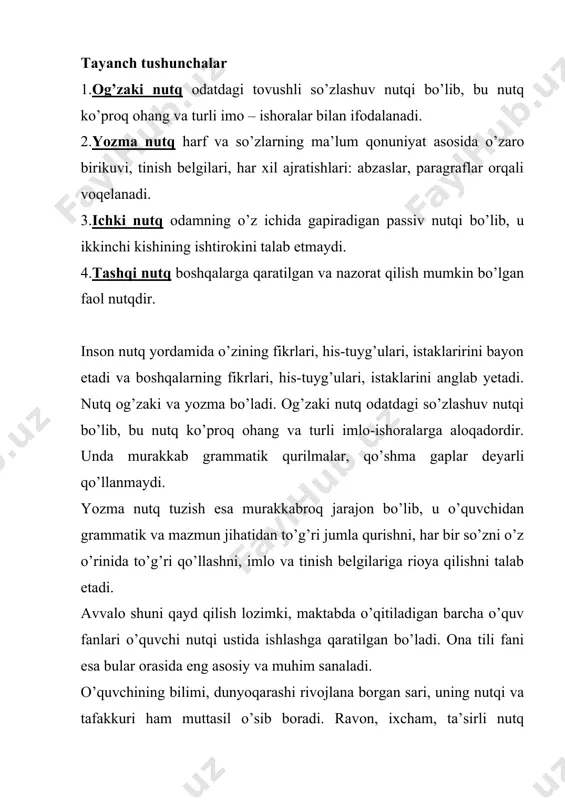 iridan, har xil vulgar so’zlar ta’siridan tozalash va adabiy til meyorlariga amal qilgan holda so’zlashga o’rgatishdir. o’quvchilar nutqiga qo’yiladigan asosiy talablar quyidagilardan iborat: 1.nutqning nutq sharoitiga mosligi. nutq sharoiti deganda nutq yaratilayotgan paytda so’zlovchi va tinglovchining sharoiti tushuniladi. masalan, so’zlovchi bitta, tinglovchi ko’p bo’lsa, so’zlovchining baland ovozda to’xtam (pauza)larga rioya qilib, fikrni izchil va bir-biriga bog’liq ravishda bayon qilishi talab etiladi. bunday nutqning o’ziga xos ko’rinishi o’quvchining nazariy masalalarni yoritish yoki uy topshiriqlarini bajarish jarayonidagi javoblarida, ma’lum bir mavzuni sinfda, biror yig’inda ochib berishdagi nutqida o’z aksini topadi. nutq sharoitining muhim tarkibiy qismlaridan biri so’zlovchining tinglovchilar saviyasini hisobga olishi hamdir. 2.nutqning mazmundorligi o’quvchi nutqi nutq sharoitiga mos tushsa hamda uning o’zi bilgan va xabordor bo’lgan voqea-hodisalarni og’zaki va yozma shakllarda bayon qilsagina mazmunli bo’ladi. aniq dalillar, o’quvchining shaxsiy kuzatish yoki taassurotlari, his-tuyg’ulari asosida yuritgan fikrlari o’zgalar diqqatini o’ziga tortadi. 3.nutqning mantiqan tog’ri, aniq va izchil bo’lishi. nutqda har bir fikr …