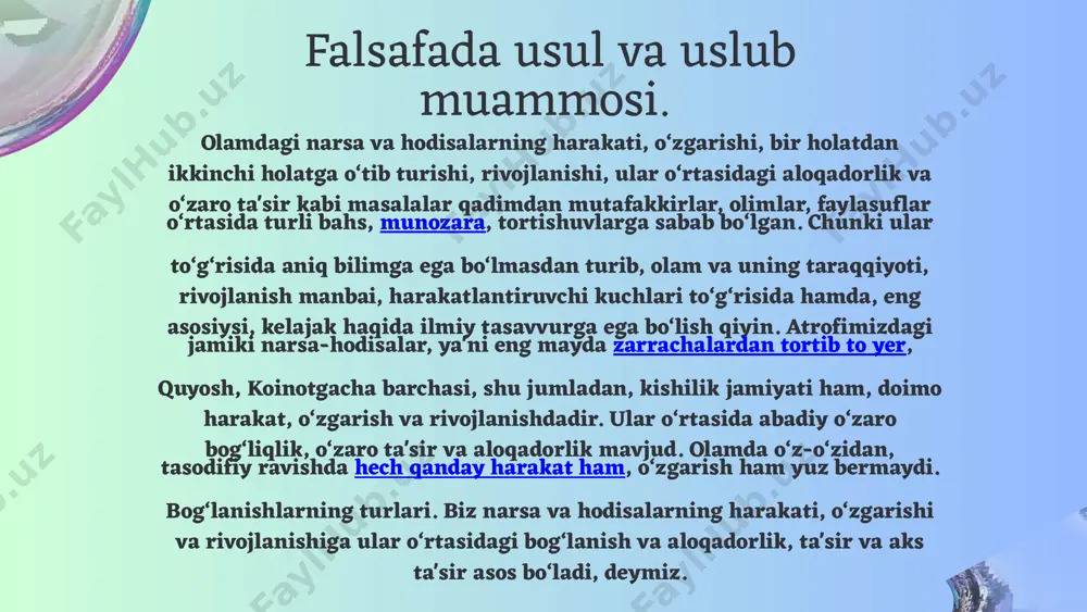 'lum. har qanday qonunga xos belgilardan biri zaruriylik, ya'ni ob'ektiv tarzda amalga oshish, o‘z-o‘zidan namoyon bo‘lishdir. erkinlik esa ana shu zaruriylikni anglab olish va unga amal qilishdan iborat faoliyatni anglatadi. yuqoridagi fikrlarni xulosa qilib, qonunga quyidagicha ta'rif berish mumkin: qonun olamdagi narsa va hodisalarning muhim, zaruriy, umumiy va takrorlanib turuvchi bog‘lanishlari, o‘zaro aloqalari va munosabatlarining namoyon bo‘lishidir. endi qonunning belgilariga to‘xtalamiz: hozir mustaqil o‘zbekiston barcha rivojlangan mamlakatlar singari ijtimoiy yo‘naltirilgan bozor iqtisodiyotiga asoslangan demokratik davlat, fuqarolik jamiyati barpo qilish yo‘lidan bormoqda. bunda umumbashariy qonunlar va mamlakatimizning o‘ziga xos xususiyatlari e'tiborga olingan. qonun turli-tuman aloqadorliklar, bog‘lanishlardan faqat muhimlarini, ya'ni shunday bog‘lanishlarni ifodalaydiki, bular olamning mavjudligi, o‘zgarishlari va undagi narsa hamda hodisalarning mohiyatidan kelib chiqqan bo‘ladi; falsafiy kategoriyalar. ko‘pchilik mutaxassislar kategoriyalar olam, undagi narsa va voqyealar, ularning asosiy va takrorlanib turuvchi aloqadorligini ifodalaydigan keng mazmundagi tushunchalardir, degan fikrga qo‘shiladilar. bu ma'noda borliq, voqyelik, harakat, makon, zamon, miqdor, sifat va boshqalar falsafaning ana …