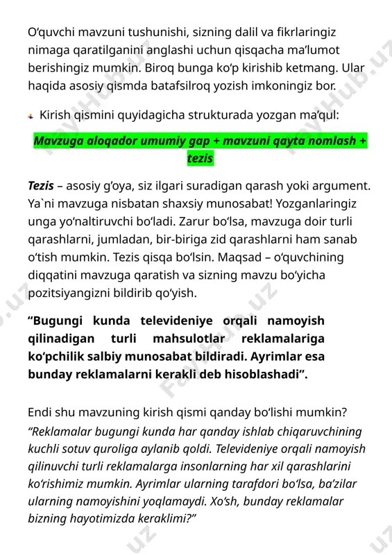 un tavsiyalar esse yozishdan oldin mavzuni kengroq o‘rganing. esseni yozishga kirishishdan oldin mavzuga tushunganingizga ishonch hosil qilib oling. masalaning ijobiy va salbiy jihatllari ro’yxatini tuzib oling dalillarga tayaning. essening bahosini oshiradigan xususiyatlaridan biri - bu keltirilgan fikrlarning dalillanishidir. fikrlarga dalil sifatida esa ko'chirmalar keltiriladi. bunday ko'chirmalar sifatida quyidagilarni olishingiz mumkin: maqollar; iboralar; hikmatli so'zlar; iqtiboslar; statistik ma'lumotlar. esse yozishning odatiy tuzilishiga amal qiling! milliy sertifikatning namunaviy testlarida esse yozish quyidagi tuzilishga ega: i qism: kirish qismi. 1 ta xatboshi: 2-3 ta jumla. ii qism: asosiy qism. 1-xatboshi 2-xatboshi 3-xatboshi iii qism: xulosa. 1 ta xatboshi. 3-4 ta jumla. · topshiriqda sizdan talab qilingan masalani rejalashtirib, shu xatboshilar bo‘yicha taqsimlab chiqing. bunda faqat esseda so‘ralgan muammoni asos qilib oling. ya’ni faqat so‘ralgan savolga javob qidiring. boshqa masalaga o‘tmang. masalan, sizdan olmaning rangini so‘ragan bo‘lsa, faqat rangi haqida gapiring, shakli, turlari kabilarga to‘xtalmang. topshiriq savolini qayta ko‘chirib yozmang! esseyingizda mavzuni qayta yozishning …