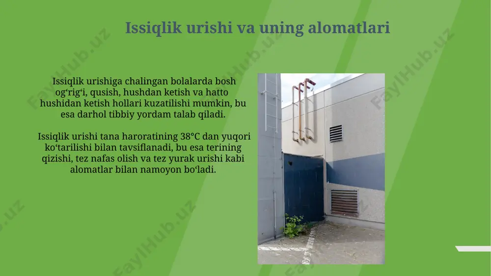 ulyatsiya tizimi hali yetarlicha shakllanmaganligi sababli, issiqlik almashinuvi muammolariga ko'proq moyil bo'lishadi. gipotireoz kabi endokrin kasalliklari bo'lgan bolalar, issiqlikni saqlash va tarqatish jarayonlarida buzilishlar tufayli, 2-3 barobar yuqori xavf guruhiga kiradi. tananing termoregulyatsiyasi bolalarning katta yuzasi va tana massasining nisbati kattalarnikiga nisbatan yuqoriroq bo‘lib, bu esa issiqlik almashinuvining tezligini oshiradi va ularni atrof-muhit haroratiga nisbatan sezgirroq qiladi. yosh bolalarda termoregulyatsiya markazi miyada hali yetarlicha rivojlanmagan bo‘lib, tana haroratini 36,5-37,5°s oralig‘ida ushlab turish qobiliyati chegaralangan. gipothermia va uning sabablari sovuqqa ta'sir qilish, noqulay kiyim, suvga cho'mish va metabolik kasalliklar kabi omillar bolalarda gipotermiya xavfini 2-3 barobar oshiradi. gipotermiyaning erta belgilari letargiya, titroq va terining sovuqligi hisoblanadi, va agar davolanmasa, nafas olish va yurak urishi tezligi pasayishi bilan murakkablashadi. e'tiboringiz uchun rahmat @taqdimot_robot image1.jpg image2.jpg image3.jpg image4.jpg image5.jpg image6.jpg image7.jpg image8.jpg image9.jpg image10.jpg image11.jpg image12.jpg image13.jpg image14.jpg image15.jpg image16.jpg image17.jpg