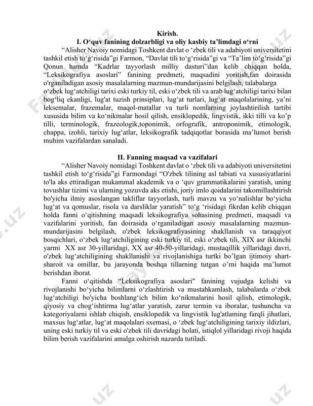 zlashtirish va mustahkamlash, talabalarda o‘zbek lug‘atchiligi bo'yicha boshlang‘ich bilim ko‘nikmalarini hosil qilish, etimologik, qiyosiy va chog‘ishtirma lug‘atlar yaratish, zarur termin va iboralar, tushuncha va kategoriyalarni ishlab chiqish, ensiklopedik va lingvistik lug'atlaming farqli jihatlari, maxsus lug‘atlar, lug‘at maqolalari sxemasi, o ‘zbek lug‘atchiligining tarixiy ildizlari, uning eski turkiy til va eski o'zbek tili davridagi holati, istiqlol yillaridagi rivoji haqida bilim berish vazifalarini amalga oshirish nazarda tutiladi. asosiy qism asosiy qismda (ma’ruza) fanni mavzulari mantiqiy ketma-ketlikda keltirilgan. har bir mavzuning mohiyati asosiy tushunchalar va tezislar orqali ochib berilgan. mavzu bo‘yicha talabalarga dts asosida yetkazilishi zarur bo’lgan bilim va ko‘nikmalar to’la qamrab olinadi. asosiy qismda mavzularning dolzarbligi, ularning ish beruvchilar talablari va ishlab chiqarish ehtiyojlariga mosligi, mamlakatimizda bo’layotgan ijtimoiy-siyosiy va demokratik o‘zgrishlar, huquqiy va boshqa sohalardagi islohotlarning ustuvor masalalarini qamrab olish ko‘zda tutilgan hamda fan va texnologiyalarning so‘nggi yutuqlariga e’tibor qaratilgan. ma'ruza mashg‘ulotlari kirish. fanning nazariy mashg’ulotari mazmuni. "leksikografiya asoslari” fanining vujudga kelishi, obyekti, …