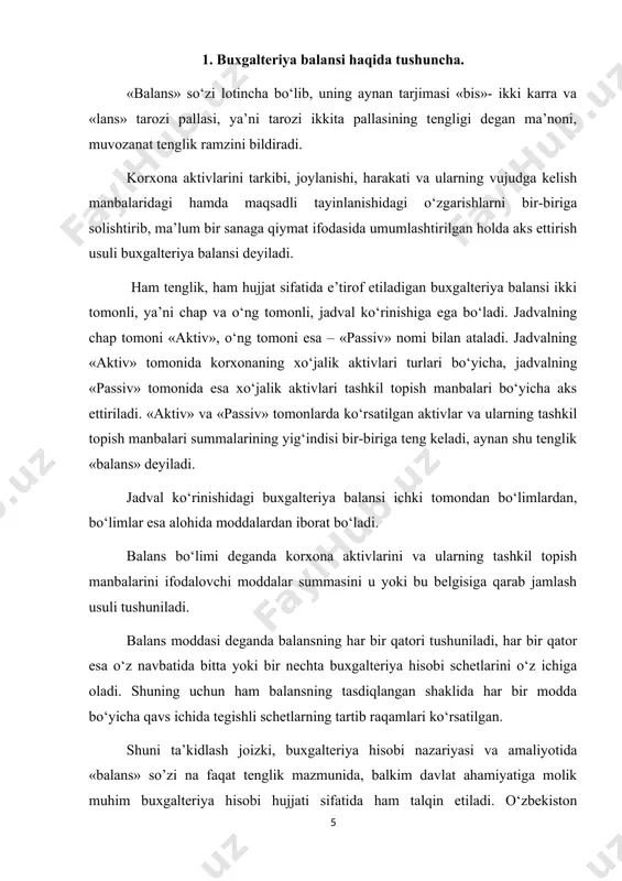 buxgalteriya balansi tuzulmasi. buxgalteriya balansida bo‘limlar bo‘yicha ma’lumotlar alohida qatorda, ikkala bo‘lim summalarining yig‘indisi alohida qatorda aks ettiriladi. ayrim moddalar bo‘yicha qavs ichida o‘zaro ayirmalar ko‘rinishida ko‘rsatilgan schetlar ularning birinchisini summasidan ikkinchisini summasini ayirib tashlagandan keyin qoladigan summani shu qatorga yozishni bildiradi. bundan tashqari buxgalteriya balansida ma’lumotlar mos ravishda hisobot davr boshiga va hisobot davr oxiriga alohida ustunlarda ko‘rsatiladi. bu balans moddalaridagi o‘zgarishlarni vizual nazorat qilib borish imkonini beradi. korxonalarning xo`jalik mablag`lari hamma vaqt kengaytirilgan takror ishlab chiqarish jarayonida harakatda bo`ladi va davrlar bo`yicha ham miqdor, ham qiymat jihatidan o`zgarib turadi. xo`jalik faoliyati ustidan rahbarlik qilish va boshqarish uchun korxona qanday mablag`larga ega, ularning tarkibi va qaerda joylashganligi hamda bu mablag`lar qanday manbalardan tashkil topganligi to`g`risida aniq ma’lumotlar bo`lishi zarur. xo`jalik mablag`larining tarkibi, joylanishi, harakati va ularning kelib chiqish manbalaridagi o`zgarishlarni bir-biriga solishtirib, ma’lum bir sanaga pul o`lchovida umumlashtirib aks ettirish buxgalteriya hisobi usulining muhim elementlaridan biri – balans yordamida …