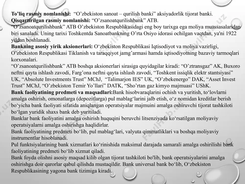 publikasining yagona bank tizimiga kiradi. aktivlar, mlrd. so'm 63 191,965 kredit portfeli, mlrd. so'm 48 420,489 sh.j., qisqa muddatli kreditlar, mlrd. so'm 31 934,025 sh.j., uzoq muddatli kreditlar, mlrd. so'm 16 486,464 depozitlar, mlrd. so'm 15 328,819 sh.j. aholi omonatlari, mlrd. so'm 4 231,372 kapital, mlrd. so'm 7 560,644 sh.j. ustav kapitali, mlrd. so'm 4 640,011 24/7 punktlar soni (dona) 103 bank xizmatlari markazi (dona) 87 plastik kartalar soni (dona) 1 951 905 terminallar soni (dona) 35 141 o‘zsanoatqurilishbank tarixi – bu uning oʻn yillar davomida doimiy rivojlanish davridir. o‘zbekistondagi eng qadimgi banklardan biri sifatida uning faoliyati qator o‘zgarishlar, qayta nomlash hamda takomillashtirishdan o‘tdi va mijozlari uchun hamisha ishonchli sherik va mamlakat moliyaviy-iqtisodiy hayotining faol ishtirokchisi bo‘lib qoldi. bankning ustav kapitali (joylashtirilgan aksiyalar soni) 4.634.513.904.398 (to‘rt trillion olti yuz o‘ttiz to‘rt milliard besh yuz o‘n uch million to‘qqiz yuz to‘rt ming uch yuz to‘qson sakkiz) so‘mni tashkil qiladi va u …