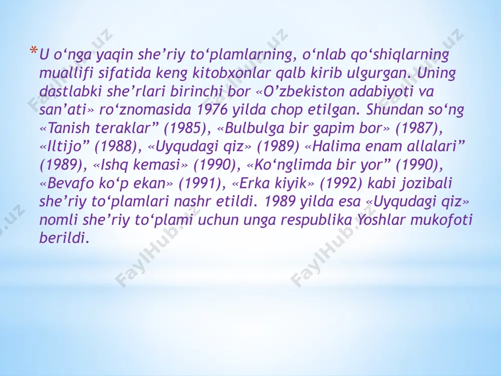 f. uydan mozorgacha yuz odimcha yo‘l, aylanib kelamiz yurtlarni kezib. kimga ko‘ngil berib, kimga esa qo‘l... muhammad yusuf yo‘q, muhammad yusuf. tirikka mehr yo‘q, marhumga qahr, nima topding, aka, tuproqqa tushib? uzala tushgancha bo‘zlaydi qabr, muhammad yusuf yo‘q, muhammad yusuf. qizg‘aldoq bosh egib turar bag‘ri qon, shoir yuragidan chiqqanmi o‘sib? «nega yig‘lamaysan, ahli turkiston?»* muhammad yusuf yo‘q, muhammad yusuf. men dunyoni nima qildim, o`zing yorug` jahonim, o`zim xoqon, o`zim sulton, sen taxti sulaymonim, yolg`izim, yagonam deymi, topingan koshonam deymi, o`zing mening ulug`lardan ulug`imsan, vatanim… shodon kunim gul otgan sen, chechak otgan izimga, nolon kunim yupatgan sen, yuzing bosib yuzimga. singlim deymi, onam deymi, hamdardu hamxonam deymi, oftobdan ham o`zing mehri – ilig`imsan, vatanim. men dunyoni nima qildim, o`zing yorug` jahonim, o`zim xoqon, o`zim sulton, sen taxti sulaymonim, yolg`izim, yagonam deymi, topingan koshonam deymi, o`zing mening ulug`lardan ulug`imsan, vatanim… men dunyoni nima qildim, o`zing yorug` jahonim, o`zim xoqon, o`zim sulton, sen …