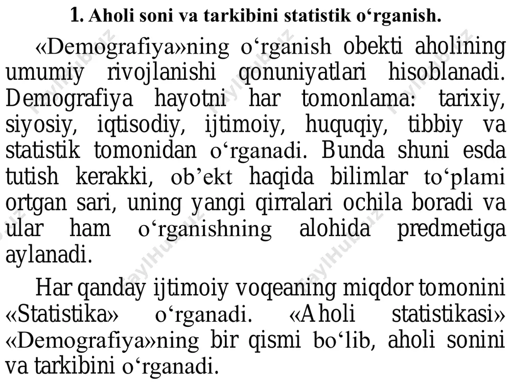 ng uchun ham, bu aholi ro‘yxatlarida asosan erkaklar ro‘yxatga olingan. chunki, u paytlarda erkaklarning iqtisodiy o‘rni yuqori bo‘lgan, soliq to‘lashda faqat erkaklar, ya’ni oila boshliqlari qatnashgan. aholini eng birinchi rasmiy ro‘yxatga olish 1790 yilda aqshda, keyinchalik 1800 yilda shvetsiya va finlyandiyada, 1801 yilda – angliya, daniya, norvegiya va fransiyada o‘tkazilgan. ammo, bu aholi ro‘yxatlari juda oddiy shaklda hamda uzoq muddatga cho‘zilgan. masalan, birinchi aqshda aholini ro‘yxatga olish ishlari 18 oy davomida olib borilgan. xix asrga kelib, aholini ro‘yxatga olish juda kengaydi. qator yevropa mamlakatlarida statistika tashkilotlari tuzildi. aholini ro‘yxatga olish ilmiy dasturlar asosida olib borilishi yo‘lga qo‘yildi. xususan, 1870-1879 yillarda dunyoning 48 ta, 1890 yillarda esa 57 ta davlatida aholi ro‘yxati o‘tkazilgan. xix asr oxirida dunyo aholisining 21 foizi ro‘yxatga olingan bo‘lsa, xx asr boshida 54 foiz aholi ro‘yxatdan o‘tkazilgan. ikkinchi jahon urushidan keyin, aholini ro‘yxatga olish tizimi yanada takomillashtirildi. 1945-1954 yillarda – 151 ta davlatda, 1965-1974 yillarda – 179 …