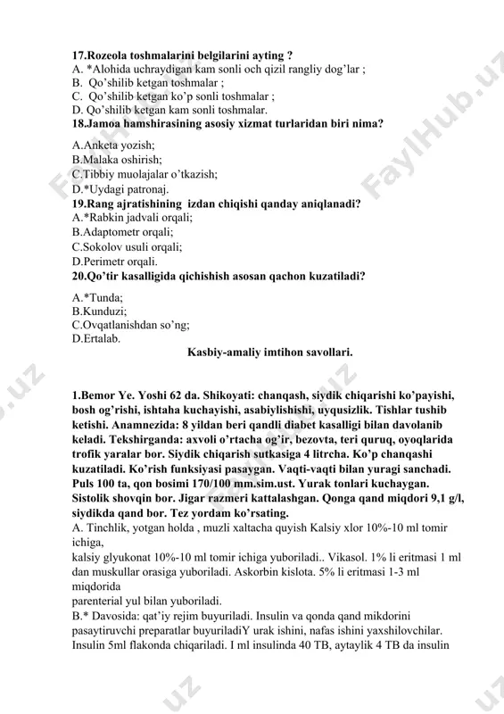 n. qonga qand miqdori 9,1 g/l, siydikda qand bor. tez yordam ko’rsating. a. tinchlik, yotgan holda , muzli xaltacha quyish kalsiy xlor 10%-10 ml tomir ichiga, kalsiy glyukonat 10%-10 ml tomir ichiga yuboriladi.. vikasol. 1% li eritmasi 1 ml dan muskullar orasiga yuboriladi. askorbin kislota. 5% li eritmasi 1-3 ml miqdorida parenterial yul bilan yuboriladi. b.* davosida: qat’iy rejim buyuriladi. insulin va qonda qand mikdorini pasaytiruvchi preparatlar buyuriladiy urak ishini, nafas ishini yaxshilovchilar. insulin 5ml flakonda chiqariladi. i ml insulinda 40 tb, aytaylik 4 tb da insulin qilish kerak. bu qo’yidagicha hisoblanadi. 40 tb – i ml. ix4 4 tb – x ml x= ------- = 0,1 ml insulin qilinadi. c. zaxarlanishga qarshi dorilar, vitaminlar, tinchlantiruvchi, suyuqliklar o’rnini bosuvchilar, ishlatiladi. vikasol. 1% li eritmasi 1 ml dan muskullar orasiga prednizolon ichiladi, strofantin k. 0,025% li yoki 0,05% li 0,5-1 ml eritmasi 10- 20 ml 40% li glyukoza eritmasida tomir ichiga …