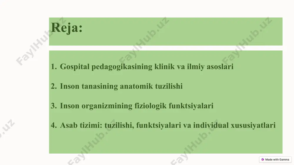 li oziq moddalarini va kislorod yetkazib berish. asosiy organlar: yurak, qon tomirlar. nafoz olish tizimi funktsiyasi: havo olish va kislorod yetkazib berish. asosiy organlar: o'pkalar, tomoq, burun. oshqozon-ichak tizimi funktsiyasi: oziq moddalarini hazm qilish va so'rish. asosiy organlar: oshqozon, ichak. endokrin tizimi funktsiyasi: gormonlar ishlab chiqarish, tana faoliyatini boshqarish. asosiy organlar: qalqonsimon bez, buyrak usti bezlari. nerv tizimi funktsiyasi: barcha harakatlarni boshqarish, sezgi va reaktsiyalarni amalga oshirish. asosiy organlar: miya, orqa miya, nervlar. teri tizimi funktsiyasi: himoya, tana haroratini boshqarish. asosiy organlar: teri, sochlar. 8 topshiriqlar inklyuziv ta’lim gospital pedagogika fanidan tasavuringizni qog‘ozga tushiring va tahlil qiling a3 farmalar, rasmlar va matnlarni tahlil qilish fiziologik jarayonlarni modellashtirish turli organlarning ishlash mexanizmlarini namoyish etish o‘quvchilarga gospital muhitida o‘z tajribalarini baham ko‘rishga imkon berish. boshqa o‘quvchilar bilan muloqot va tajriba almashish 9 bilimlarni baholash 1 testlar nazariy bilimlarni tekshirish uchun 2 amaliy mashg'ulotlar ko'nikmalarni baholaydi 3 o'quvchilar ishlarini tahlil qilish o'quv jarayonining …