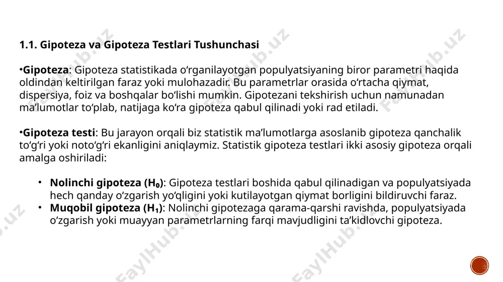 ul qilish: agar ishtiboh darajasi (α) 0.05 deb olsak, 19 darajali erkinlik uchun ikki tomonli testning kritik qiymatlari ±2.093 atrofida bo‘ladi. bizning t-qiymatimiz −1.34-1.34−1.34, bu esa kritik qiymatlardan (-2.093 va 2.093) tashqariga chiqmagan. 5. xulosa: t-qiymatimiz kritik qiymat doirasida joylashganligi sababli, nolinchi gipotezani rad etmaymiz. shunday qilib, o‘rtacha ball 70 grammdan sezilarli darajada farq qilmaydi. qo’shimchalar: statistikada populyatsiya (yoki aholi) – bu o‘rganilayotgan barcha mumkin bo‘lgan birliklar to‘plamini ifodalaydi. populyatsiya deganda tadqiqot qamrab olmoqchi bo‘lgan yoki ma'lumot olishni istayotgan barcha hodisalar, shaxslar, narsalar, yoki boshqa elementlar nazarda tutiladi. misol uchun: talabalar bo‘yicha o‘rganish olib borilsa, populyatsiya – barcha talabalar bo‘ladi. bir kompaniya ishlab chiqaradigan barcha mahsulotlar haqida ma'lumot yig‘ilsa, populyatsiya – barcha ishlab chiqarilgan mahsulotlar bo‘ladi. qishloq xo‘jaligida ma’lum bir dala hududi ichidagi barcha o‘simliklar haqida ma'lumot yig‘ilsa, populyatsiya – shu dala ichidagi barcha o‘simliklarni o‘z ichiga oladi. populyatsiyaning muhim jihati shundaki, u cheksiz (nazariy jihatdan) yoki chegaralangan (aniq birliklar …