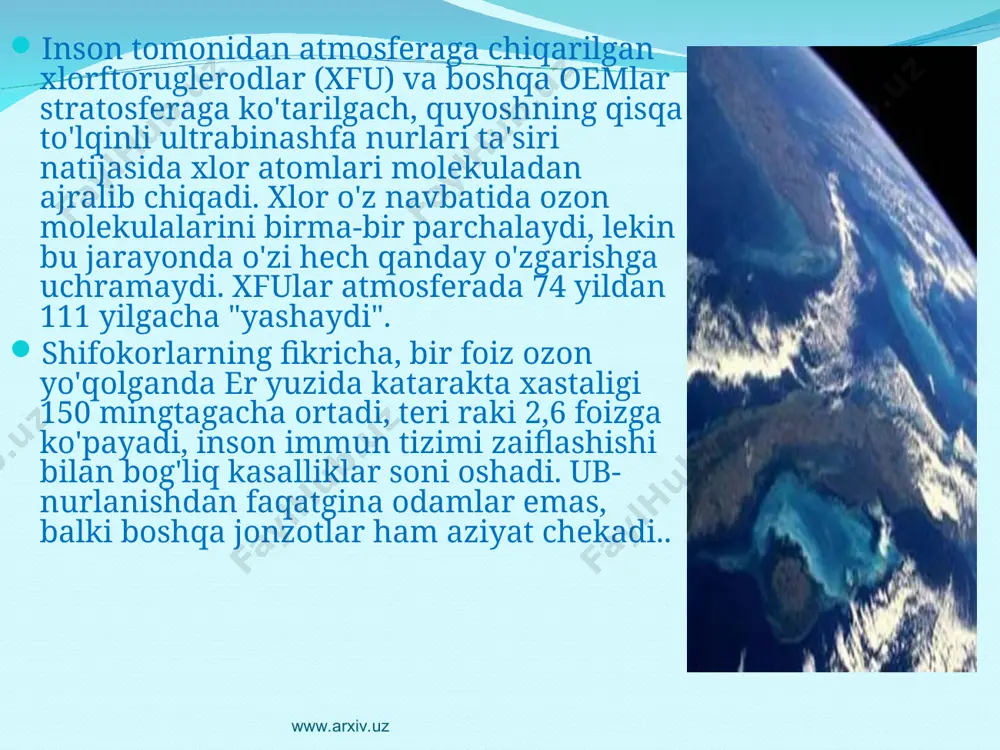 ohida mas'uliyat yuklaydi. o'zbekiston tabiatni muhofaza qilish davlat qo'mitasi, davlat bojxona qo'mitasi, bmtning taraqqiyot dasturi hamkorligida "bojxona xizmatchilarini o'qitish dasturi" doirasida tegishli mutaxassislar maxsus sertifikatga ega bo'ldi. bir qancha bojxona nazorati maskanlari ozonni emiruvchi moddalarni aniqlashda qo'llaniladigan zamonaviy asbob-uskunalar bilan ta'minlandi. www.arxiv.uz www.arxiv.uz dunyo miqyosida ozon qatlamini tiklash bo‘yicha ko‘rilayotgan chora-tadbirlar besamar ketayotgani yo‘q. jahon meteorologiya tashkiloti va bmtning atrof-muhit bo‘yicha dasturi hamkorligida o‘tkazilgan tahlillarga ko‘ra, 2050 yilda arktika, 2065 yilga kelib antarktida ustidagi ozon tuynuklari to‘liq tiklanishi kutilmoqda. www.arxiv.uz www.arxiv.uz 16-sentabr xalqaro ozon qatlamini himoya qilish kuni. 1987 yil 16 sentyabrda ozon qatlamini buzuvchi moddalar bo‘yicha monreal protokoli ishlab chiqildi. ushbu hujjat asosida ozon qatlamini buzadigan kimyoviy moddalarning ro‘yxati tuzilib, ulardan foydalanish to‘xtatildi yoki ma’lum cheklovlar qo‘yildi. har yili 16 sentabr monreal protokoli qabul qilingan kun — xalqaro ozon qatlamini himoya qilish kuni sifatida nishonlanadi. www.arxiv.uz www.arxiv.uz e’tiboringiz uchun rahmat www.arxiv.uz www.arxiv.uz