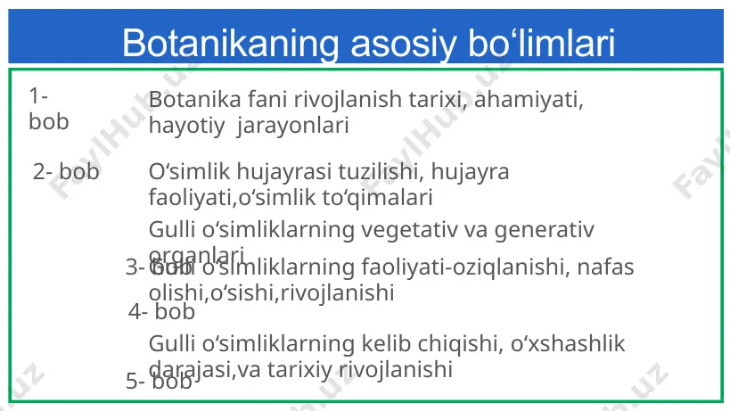 ni o‘rganadi. laminariya suv nilufari xlorella i9 presentation to joe smith ‹#› biologiya fani bo‘limlari briologiya –yo`sinlar tuzilishi hayot kechirishini o‘rganadi. kakku zig’iri sfagnum moxi funariya yo‘sini i9 presentation to joe smith ‹#› biologiya fani bo‘limlari lixenologiya –lishayniklar tuzilishi ,hayot kechirishini o‘rganadi. o ‘rmon va tundrada keng tarqalgan. toza havoni talab etadi. bug‘ular uchun oziq,atir upa mahsulotlari ishlab chiqariladi. basidiya ksantoriya i9 presentation to joe smith ‹#› o‘simliklar ahamiyati oziq -ovqat o‘simliklar isiriq, petrushka ,za‘faron dorivor o‘simliklar i9 presentation to joe smith ‹#› o‘simliklar ahamiyati yem xashak o‘simliklari uy ro‘zg’or buyumlari qurilish mollari texnika o‘simligi i9 presentation to joe smith ‹#› o‘simliklarni muhofaza qilish xolmon shirach kovrak o‘zbekistonda tabiatni muhofaza qilish davlat qo‘mitasi tashkil qilingan.tabiatni muhofaza qilish,uni asrash , boyliklarini ko‘paytirish har bir kishining burchidir. i9 presentation to joe smith ‹#› o‘simliklarni o‘rganish tarixi saydana asarida 880 ga yaqin o‘simlikka ta‘rif bergan. o‘simliklarning qishloq xo‘jaligi va tibbiyotdagi amaliy ahamiyatini haqidagi …