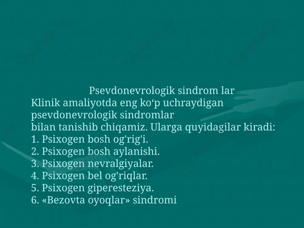 balgiya», «lyumboishialgiya», «radikulit», «ishias», «disk churrasi» kabi tashxislar bilan belgilanadi. ushbu tashxislaming qanchasi keyinchalik tasdiqlanadi va qanchasi psixogen xususiyatga ega bo'lib chiqadi, bu aniq emas. psixogen radikulalgiyalar ichida, ayniqsa, bo'yin sohasida joylashgan o g 'riq la r alohida o 'rin tutadi. bem orlar, o d a td a , n evropatolog tomonidan bo'yin umurtqalarini rentgen qilib kelishga jo'natiladi. yoshi 30-40 dan oshgan bemorlarda bo'yin umurtqalarida osteoxondrozning dastlabki belgilari aniqlanadi va bo'yin sohasidagi og'riqlar rentgendagi o 'z g a rish la r bilan b o g 'lan ad i. v aholanki, rentgenogram m adagi o'zgarishlar hammavaqt ham kasallik belgilari bilan mos kelavermaydi. osteoxondroz bir-ikki haftada tuzaladigan kasallik emas, ammo bo'yin sohasidagi og'riqlarni aynan «osteoxondroz» bilan bog'lagan bemor psixoterapevtik m uolajalar yoki platseboterapiyadan so'ng bir hafta ichida tuzalib ketadi. bu holat bemorda psixogen servikalgiya borligidan dalolat beradi. albatta, umurtqalarda o'zgarishlarsiz kechadigan va faqat ildizchalarning o'zi yallig'lanishi bilan kuzatiladigan haqiqiy radikulitlar bundan istisno. …