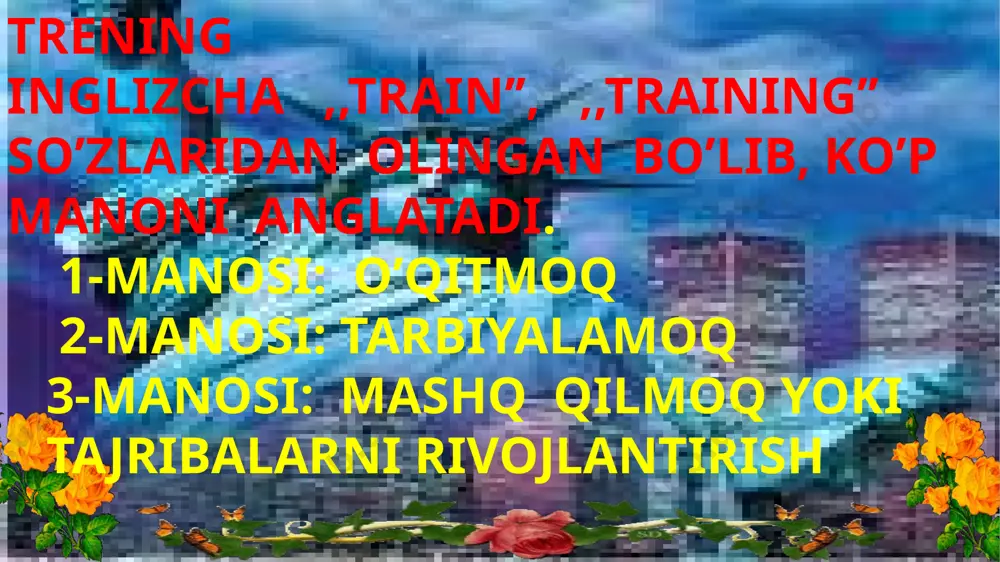 rnatish 2)psixodrama 3)psixologik kontakt o’rnatish psixologik trening quyidagi talablardan iborat: 1)treningni guruh azolari faol bo’lishi kerak 2)guruh azolarining doimiy izlanuvchanlik trening mohiyatini tushunishi va rolga kira olishi kerak 3)o’zaro hurmat har bir inson ruhiy zo’riqish holatiga bormaslik uchun mustaqil ravishda treninglardan o’zida qo’llashi mumkin bunga avtotreninglar deb aytishimiz mumkin hech qachon tushkunlikka tushmang, asablaringizni ehtiyot qiling! etiboringiz uchun rahmat! image2.jpeg image3.gif image4.gif image5.jpeg image6.gif image7.gif image8.jpeg image9.jpeg image10.gif image11.jpeg image12.gif image13.jpeg image14.gif image15.jpeg image16.jpeg image17.png image18.jpeg image19.jpeg image20.gif image21.jpeg image22.gif image23.jpeg image24.gif image25.jpeg image26.gif image27.jpeg image28.gif image29.jpeg image30.jpeg image1.jpeg /docprops/thumbnail.jpeg