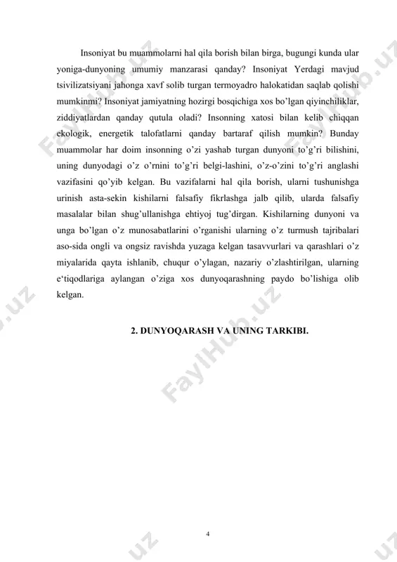 fodalanishidir. shunga ko’ra dunyoqarash insonning dunyoni oddiy umumlashtirib aks ettirishi bo’lmay, balki u dunyoni insonning amaliy qayta o’zlashtirishining natijasi sifatidagi bilimlaridir. dunyoqarashning o’ziga xos xususiyatlaridan biri haqiqat, ya‘ni olamning haqiqiy manzarasini, holatini bilishdan iborat. dunyoqarash bir butun uyushma bo’lib, o’zida uch asosiy holatni: bilish - baholash - hatti-harakatni birlashtiradi. xuddi shuning uchun ham dunyoqarash individual, jamoaga xos, ommaga xos bo’ladi. dunyoqarashning 3-ta eng muhim tomoni mavjud. ular qo’yidagilardan iborat: dunyoni his qilish; dunyoni tasavvur qilish; dunyoni tushunish. kishilarning aqliy va hissiy tajribalari dunyoqa-rashning turli shakllarida turli tarzda o’z ifodasini topadi. uning hissiy-ruhiy tomonini dunyoni his etish deb atasak, kishining olam haqidagi tasavvurlarini dunyoni id-rok qilish deymiz. dunyoqarashning intellektual tomonini dunyoni tushunish tashkil etadi. dunyoqarashning 2 ta eng muhim qutbi mavjud: 1. aqliy (aql), 2. hissiyot (hissiy). turli dunyoqarashlarning «aqliylik koeffitsienti» tur-licha bo’ladi. shuning-dek, ularning his-tuyg’ularga asoslanganligi darajasi ham farq qiladi. biroq bundan qat‘iy nazar, har qanday dunyoqarash ikkala qutbni ham …