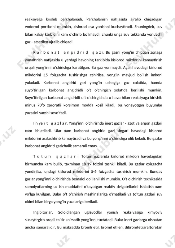 ular inert gazlarga nisbatan ancha samaralidir. bu maksadda bromli etil, bromil etilen, dibromtetraraftoretan (freon 114 v2) - lar ishlatiladi. freon suv bugiga nisbatan 20 marta, uglerod oksidiga nisbatan 12 marta smaralirokdir. galoidlangan uglevodorodlar chuglangan paxta xom ashyosi va toilasini o’chirishda ayniksa kul keladi. ular elektr tokini o’tkazmaydi va sovuk havoda muzlab kolmaydi: ularning keng qo’llanilishiga kiymatligi tuskin bulib turipti. bundan tashkari, kaynash xaroratining pastligi (380-980s) va uchuvchanligi ochik joylardagi yong’inlarni o’chirishda qo’llashga monelik kiladi. k u k u n li b i r i km a l a r. ular yonayotgan gazlar yengil alangalanuvchan, yonuvchan suyukliklar kuchlanish ostida bo’lgan elektr uskunalarini o’chirishda ishlatiladi. ular arzonligi tufayli tobora kuprok qo’llanilmokda. ularning asosiy qismi osh sodasida (natriy karbonat) iboratdir. metalloorganiq birikmalarni o’chirishda si-2 kukuni ishlatiladi. uning asosiy qismi (freon) 114 v2 bilan tindirilgan selikogen zarrachalarini tashkil etadi. yong’inga tushgach kukun zarrachalaridan alangaga kuchli tormozlovchi (ingibitor) sifatida ta’sir kiluvchi freon ajralib chiqadi. k …
