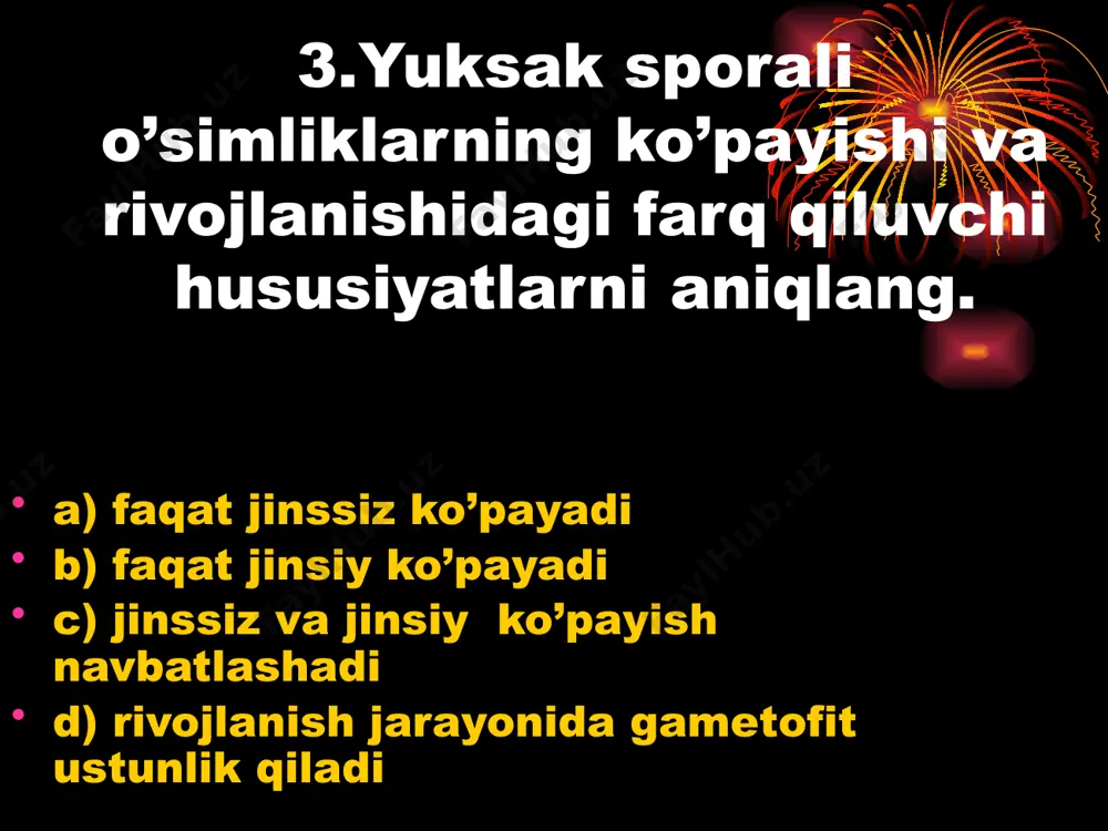 b turadi. qaysi o`simlikning ta’rifi berilgan a) ulotriks b) zuxrasoch qirqqulog`i c) suv qirqqulog`i d) elodeya 35. dala qirqbo’g’imining qaysi qismi “mevali poya” deb ataladi? a) bahorgi poyasi b) yozgi poyasi c) kuzgi poyasi d) shoxlangan poyasi 36. dala qirqbo’g’imining qaysi qismi “mevasiz poya” deb ataladi? a) bahorgi poyasi b) yozgi poyasi c) kuzgi poyasi d) shoxlanmagan poyasi 37. jinsiy va jinssiz bo’g’inlarning gallanish yo’li bilan ko’payadigan o’simlikni aniqlang. a) qirqbo’g’im b) archa c) spirogira d) qarag’ay 38. sershox qirqbo’g’imning dala qirqbo’g’imidan farqi nima? a) bahorgi poyasining yo’qligi, spora beruvchi boshoqlarni shoxli poya uchida joylashganligi b) ildizi, poyasining yo’qligi c) yozgi poyasining yo’qligi, spora beruvchi boshoqlarni shoxli poya uchida joylashganligi d) ko’payishda jinssiz bo’g’in ustunlik qilishi 39. sershox qirqbo’g’imning spora beruvchi boshoqlari qayerda hosil bo’ladi? a) ko’saklarda b) barglarni orqa tamonida c) shoxli poya uchida d) bahorgi poyalar uchida 40. qirqbo’g’imda ko’payish a’zosi vazifasini quyidagilardan qaysi biri bajaradi? a) ildiz …