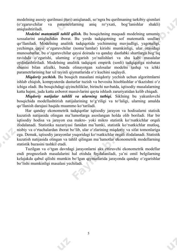 mazmuni bo‘yicha tasniflashda butun iqtisodiyot modellari (makroiqtisodiy modellar)ni va uning quyi tizimlari - tarmoqlar, hududlar va hokazolarning modellari, ishlab chiqarish, iste’mol, daromadlarni shakllantirish va taqsimlash, mehnat resurslari, baholarni shakllantirish, moliyaviy aloqalar va shu kabilar modellarining majmualari (mikroiqtisodiy modellar)ni ajratib ko‘rsatish mumkin. tuzilmaviy modellar ob’ektlarning ichki tuzilishi, tarkibiy qismlari, ichki parametrlarini, ular orasidagi o‘zaro bog‘liqliklarni ifodalaydi. iqtisodiyot miqyosidagi tadqiqotlarda ko‘proq tuzilmaviy modellar qo‘llaniladi, chunki ular quyi tizimlarning o‘zaro bog‘liqliklari rejalashtirish va boshqarish uchun katta ahamiyatga ega. o‘ziga xos tuzilmaviy modellar sifatida tarmoqlararo aloqalar modellarini olish mumkin. funksional modellar iqtisodiy boshqarishda keng qo‘llaniladi, bunda ob’ektning holati («chiqish»)ga «kirish»ni o‘zgartirish yo‘li bilan ta’sir ko‘rsatiladi. iste’molchilarning tovar-pul munosabatlari sharoitidagi xatti-harakatlari modeli bunga misol bo‘la oladi. aynan bir ob’ekt bir vaqtning o‘zida ham tuzilmaviy, ham funksional model bilan tasvirlanishi mumkin. masalan, alohida tarmoq tiziminini rejalashtirish uchun tuzilmaviy modeldan foydalaniladi, iqtisodiyot miqyosida esa har bir tarmoq funksional model bilan ifodalanishi mumkin. determinirlangan modellar model o‘zgaruvchilari orasidagi …