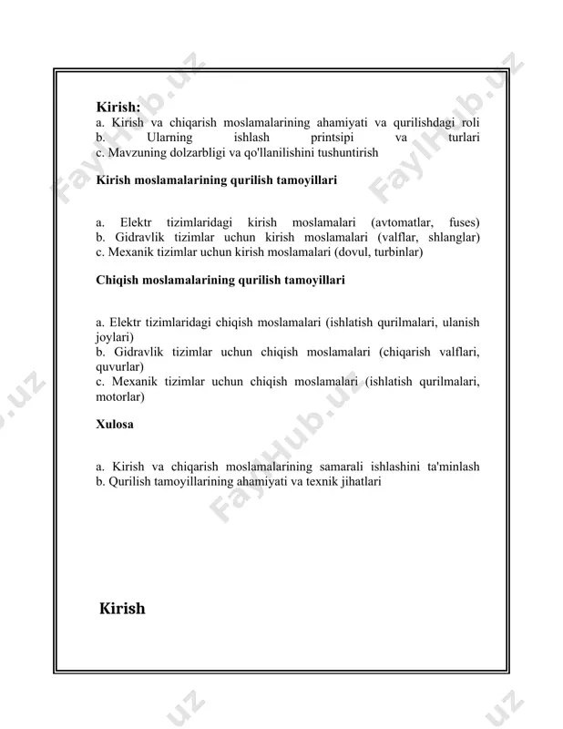 ergiyani yoki materiallarni kiritish uchun ishlatiladigan qurilmalar. ular tizimning ichki qismlariga tashqi ta'sirni boshqaradi va kerakli resurslarni uzluksiz yetkazib berishni ta'minlaydi. energiya ta'minoti: elektr tizimlarida kirish moslamalari energiya ta'minotining samarali va xavfsiz boshqarilishini ta'minlaydi. masalan, avtomatik uzilish moslamalari (avtomatlar) tizimda ortiqcha yukni aniqlab, energiya ta'minotini to‘xtatib turishi mumkin, bu esa qurilmaning zarar ko‘rishining oldini oladi. samaradorlikni oshirish: gidravlik tizimlarda kirish moslamalari (masalan, quvur tizimlaridagi valflar) suv yoki boshqa suyuqliklarning oqimini boshqaradi, bu esa energiya sarfini kamaytiradi va tizimning samaradorligini oshiradi. xavfsizlikni ta'minlash: kirish moslamalari yordamida tizimga kiritilgan resurslar xavfsiz va nazorat ostida kirishi ta'minlanadi. masalan, elektrotexnik qurilmalarda elektr tokini ta'minlaydigan kirish moslamalari texnik xavfsizlikni ta'minlash uchun juda muhimdir. chiqish moslamalarining ahamiyati chiqish moslamalari — bu tizimdan chiqindi materiallar, energiya yoki boshqa resurslarni chiqarib yuboradigan qurilmalar. ular tizimning ichki qismlaridan chiqindi resurslarni to‘g‘ri yo'naltiradi, va shu bilan birga tizimning samarali ishlashini ta'minlaydi. energiyani chiqarish: elektr tizimlarida chiqish moslamalari (masalan, generatorlar yoki …