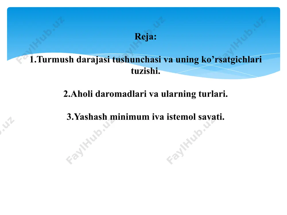 kich mamlakat bo’yicha o’rtacha daromadning 40-60 foizidan kam bo’lgan daromadlarga nisbatan qo’llaniladi. aholi daromadlari-bu aholi yoki uning oila a’zolari tomonidan ma’lum davr ichida olingan yoki ishlab chiqarilgan pul va natural mablag’lar yig’indisidir.daromadlar pul va natural shaklda bo’lishi mumkin. aholining pul daromadlari mehnatkashlar uchu nish haqi hisobidagi barcha pul mablag’lari tushumi; pensiyalar, stipendiyalar, turli nafaqalar; mulkdan foiz, dividentlar, foyda, renta ko’rinishidagi daromadlar; aktsiyalar, qimmatli qog’ozlar, ko’chmas mulk; chorva hayvonlari, tomarqa xo’jaligi mahsulotlari, turli buyumlar va boshqa tovarlari sotishdan tushadigan pul tushumlari, turli xizmatlar ko’rsatish uchun haqlar va hokazolardan tashkil topadi. aholi daromadlari va ularning turlari. ish haqi ko’pchilik aholining asosiy daromadi. rivojlangan mamlakatda jami daromadlarning 70-80 foizini ish haqi tashkil etadi. ish haqi –yollanib ishlovchilarning ishlab topgan daromadi, ishlovchilar va ularning oilasini boqish uchun ketadigan tirikchilik voistalarini xarid eti shva pul jamg’armasini hosil qilish uchun ishlatiladi. ish haqi uch qichmdan tashkil topadi:1.asosiy ish haqi. 2.mukofot tarzidagi (bonus) ish haqi. 3.belgilangan ish …