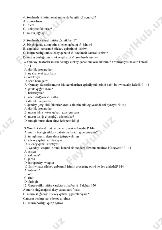 ta xronik kataral rinitte dem alıwdıń buzılıwı kúsheyedi? p 144 a. ıssıda b. salqında* c. jazda d. hár qanday waqıtta 11.esitiw nayı silekey qabatınıń isiniw procesine ótiwi ne dep ataladı?p 144 a. tubootit* b. otit c. rinit d. faringit 12. gipertrofik rinitke xarakteristika beriń palchun 130 a.murın shıǵanaǵı silekey qabatı atrofiyası b. murın shıǵanaǵı silekey qabatı giperplaziyası * c.murın boslıǵı nan silekey ajralıwı d. murın boslıǵı qurıp qalıwı 13. atrofik rinit degenimiz ne palchun-134 a. murın boslıǵı silekey qabatiń ıń atrofik ózgeriwi * b. murın boslıǵı silekey qabatiń ıń gipertrofik ózgeriwi c. polip d. murın tamırlariniń ózgeriwi 14. ekilemshi atrofik rinittin sebebi? a. alkogolizm * v. parhez c. qolaysız faktorlar d. murınnıń jaǵdayı 15. atrofik rinittiń tarqalıwı boyınsha túrleri?p 149 a. oshaqlı hám diffuzlı b. birlemshı hám ekilemshı c. ótkir hám xronik d. lokal hám diffuz* 16. atrofik rinittiń etiologiyaǵa baylanısı boyınsha túrleri? p 149 a. lokal hám diffuz b. …
