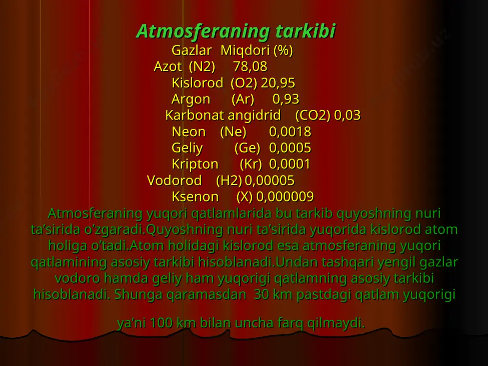 . atmosferaning ifloslanishi deganda havoga begona birikmalarning qo'shilishi natijasiga uning fizik va kimyoviy xususiyatlarining o’zgarishi tushuniladi, atmosfera tabiiy va suniy yo'llar bilan ifloslanadi. vulqonlar otilishi, chang to'zonlar, o'rmon va dashtlardagi yong'inlar o'simlik changlari mikroorganizmlar kosmik chang va boshqalar tabiiy ifloslanish manbalaridir. suniy ifloslanish manbalariga energetika, sanoat korxonalari, transport, maishiy chiqindilar va boshqalar kiradi. hozirgi kunda atmosferaning suniy ifloslanish darajasi oshib bormoqda .atmosferaning mahalliy, regional va global ifloslanishi kuzatiladi. agregat holatiga ko'ra atmosferani ifloslovchi birikmalarni to'rt guruhga bo'lish mumkin; qattiq, suyuq, gazsimon va aralash birikmalar, havoni ifloslovchi asosiy modda va birikmalarga aerozollar, qattiq zarrachalar, kurum, azot oksidlari, uglerod oksidlari, oltingugurt oksidlari, xlorftoruglevodorodlar, metal oksidlari va boshqalar kiradi, atmosferaga o'n minglab tonna modda va birikmalar chiqarilgan bo’lib, ularning o'zaro birikib hosil qilgan aralashmalari to'la urganilmagan. bunday nomalum birikmalarning tirik jonzotlarga shu jumladan inson sog'lig'iga tasiri aniq baholangan emas. atmosfera havosi ifloslanishining tirik organizmlarga ta'siri. havoning kuchli ifloslanishi insonlar sog'lig'iga, qolaversa barcha jonzotlarga …