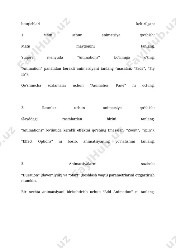 grafik ishlov berish yoki o‘yinlar uchun ishlatiladi. 14. multimedia va distant tizimlari asoslari 1. multimedia – bu turli xil axborot (matn, rasm, video, ovoz) birlashtirilgan shaklda taqdim etilishidir. multimedia texnologiyalari ko‘p sohalarda qo‘llaniladi: ta’lim: elektron darsliklar va taqdimotlar. marketing: reklama materiallari. o‘yin sanoati: interaktiv o‘yinlar. 2. distant tizimlar: bu masofadan turib ta’lim yoki boshqa xizmatlarni amalga oshirish tizimidir. misollar: online universitetlar, masofaviy treninglar. distant tizimlarning asosiy texnologiyalari: zoom, google meet, ms teams. 15. internet xizmatlari va internetga bog‘lanish usullari internet xizmatlari: 1. elektron pochta (email): ma’lumotlarni elektron shaklda yuborish. 2. veb-saytlar: ma’lumotlarni taqdim qilish va olish manbalari. 3. ijtimoiy tarmoqlar: facebook, instagram kabi platformalar. 4. bulutli xizmatlar: ma’lumotlarni saqlash va almashish (google drive, dropbox). internetga bog‘lanish usullari: 1. dsl (digital subscriber line): telefon liniyalari orqali. 2. fiber-optik ulanish: juda yuqori tezlikda internetni ta’minlaydi. 3. wi-fi: simsiz internet ulanishi. 4. mobil internet: 4g/5g texnologiyalari orqali. 16. kompyuterning qo‘shimcha qurilmalari bilan tanishish …