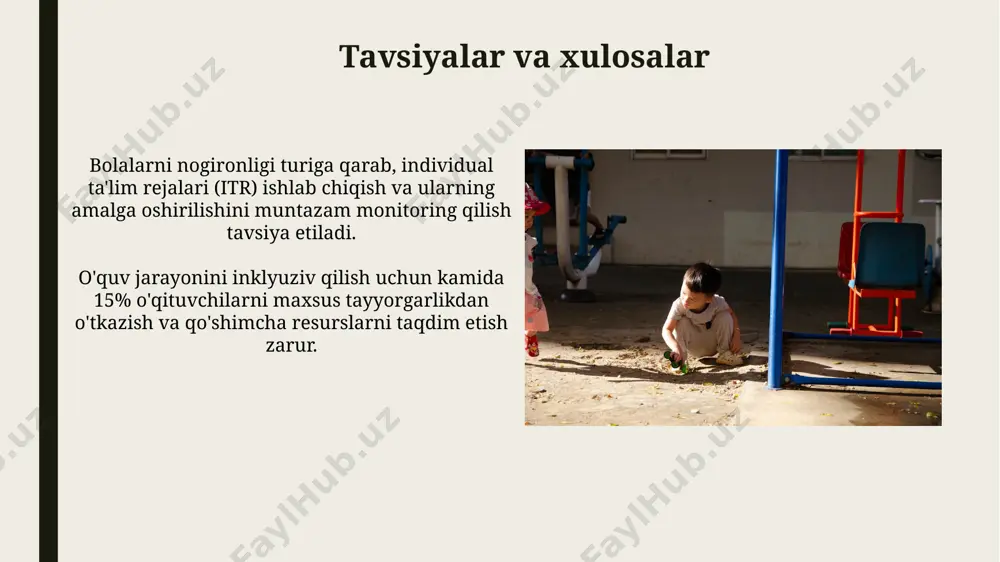 erta aniqlash va reabilitatsiya xizmatlarini yaxshilash maqsadida 2030 yilgacha viloyatlardagi 15 ta yangi markazlarni ochish va ularni zamonaviy uskunalar bilan jihozlash rejalashtirilmoqda. o'quv qo'llanmalarini va o'quv resurslarini inklyuziv ta'limga moslashtirish bo'yicha 2025 yilgacha 50 dan ortiq yangi loyihalarni amalga oshirish rejalashtirilmoqda, bu esa kamida 10 000 nafar o'quvchini qamrab oladi. o'qituvchilarni tayyorlash va qayta tayyorlash oʻqituvchilarni inklyuziv taʼlimga oid qoʻshimcha 30 soatlik malaka oshirish kurslariga jalb qilish rejalashtirilgan boʻlib, unda kamida 5000 nafar oʻqituvchi qatnashadi. davlat pedagogika universitetlari oʻquv dasturlariga inklyuziv taʼlim boʻyicha 15 ta kredit soat qoʻshilishi va yangi oʻquv qoʻllanmalari yaratilishi kutilmoqda. inklyuziv ta'limning samaradorligini baholash o'qituvchilarning inklyuziv ta'lim bo'yicha malaka oshirish kurslaridan o'tganligi va ularning kamida 70% yangi uslublarni qo'llayotganligini tekshirish samaradorlikni aniqlashga yordam beradi. inklyuziv ta'limning samaradorligini baholashda, o'quvchilarning akademik ko'rsatkichlarida 15% dan ortiq o'sish kuzatilishi muvaffaqiyat ko'rsatkichi sifatida qaralishi mumkin. e'tiboringiz uchun rahmat @taqdimot_robot image1.jpg image2.jpg image3.jpg image4.jpg image5.jpg image6.jpg image7.jpg image8.jpg image9.jpg image10.jpg image11.jpg …