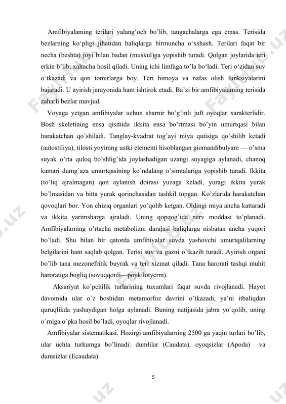 nja turkumi shimoliy amerikada tarqalgan bo’lib, faqat nozik oldingi oyoqlari bor, tashqi jabralari umrbod saqlanadi. jabra va o’pkalari bilan nafas oladi. 4) proteylar kenja turkumi bitta proteylar oilasi va ikkita to`rni o’z ichiga oladi. yevropa proteyi yer osti suvlarida yashaydi. oyoqlari teri ostiga yashiringan, urug’lanishi ichki. amerika proteyi shimoliy amerika ko’llarida yashaydi. 5) salamandralar kenja turkumi dumlilarning tipik vakillari hisoblanadi, urug’lanishi ichki va uchta oilani o’zida birlashtiradi. amfiumalar oilasi faqatgina bitta amfiuma to`rini o’z ichiga oladi va shimoliy amerikada tarqalgan. juft oyoqlari nimjon va 2-3 barmoq bilan tugaydi. ko’zlari teri ostiga yashiringan. chin salamandralar oilasiga 40 tacha tur kiradi. qovoqlari yaxshi rivojlangan, tashqi jabralar faqat lichinkalarida bo’ladi. bu oilaga tritonlar va salamandralar kiradi. o’pkasiz salamandralar oilasi 175 to`rni o’z ichiga oladi. bularning o’pkalari yo’qolib ketadi, shuningdek, kichik qon aylanish doirasi yo’q, chunki yurak bo’lmasi to’siq bilan ajralmagan. oyoqsizlar turkumi — apoda. bu turkumga 60 ga yaqin to`rni o’z ichiga olgan …