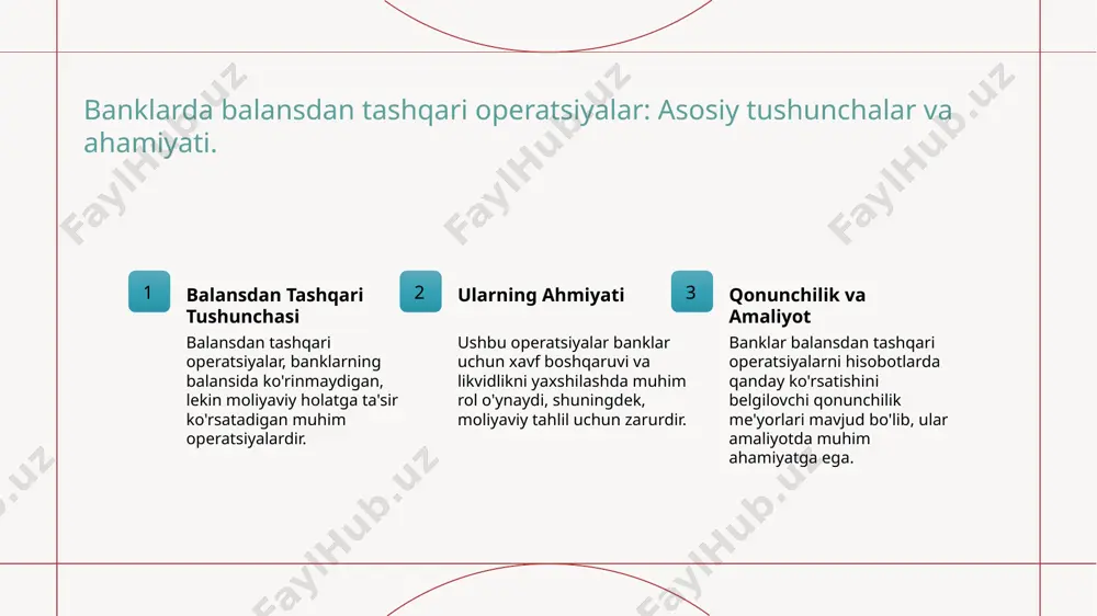 lchov usullarini qo'llashadi, bu esa moliyaviy barqarorlikni ta'minlaydi. 02 katta ma'lumotlar katta ma'lumotlar analitikasi yordamida, banklar balansdan tashqari operatsiyalarga oid xatarlarni aniqlash va prognoz qilishda yaxshilangan usullarni qo'llayapti. 03 stress-testlar stress-testlar, banklar balansdan tashqari operatsiyalarning qiyin vaziyatlarda qanday ta'sir ko'rsatishini aniqlashga yordam beradi, bu esa risklarni boshqarish strategiyalarini takomillashtiradi. 04 hisobotlar va tahlil balansdan tashqari operatsiyalar uchun hisobotlar va tahlil qilish jarayonlari banklarga xatarlarni aniqlashda aniq va ma'lumotli yondashuvlarni taqdim etadi. banklarda xatarlarni boshqarish: strategiyalar va amaliyotlar. xatarlarni aniqlash banklar xatarlarni aniqlashda statistik va analitik usullarni qo'llaydi. bu jarayon moliyaviy ko'rsatkichlar va tarixiy ma'lumotlarga tayangan holda amalga oshiriladi. strategik rejalashtirish banklar xatarlarni boshqarish uchun strategik rejalashtirish jarayonida risklarni kamaytirish bo'yicha aniq maqsadlar belgilaydi va zarur choralarni ko'radi. xatarlarni diversifikatsiya xatarlarni diversifikatsiya qilish orqali banklar portfelidagi risklarni kamaytiradi. bu turli moliyaviy mahsulotlar va xizmatlar orqali amalga oshiriladi. monitoring va nazorat banklar xatarlarni doimiy ravishda monitoring qilib, nazorat qilish jarayonini kuchaytiradilar. bu, …