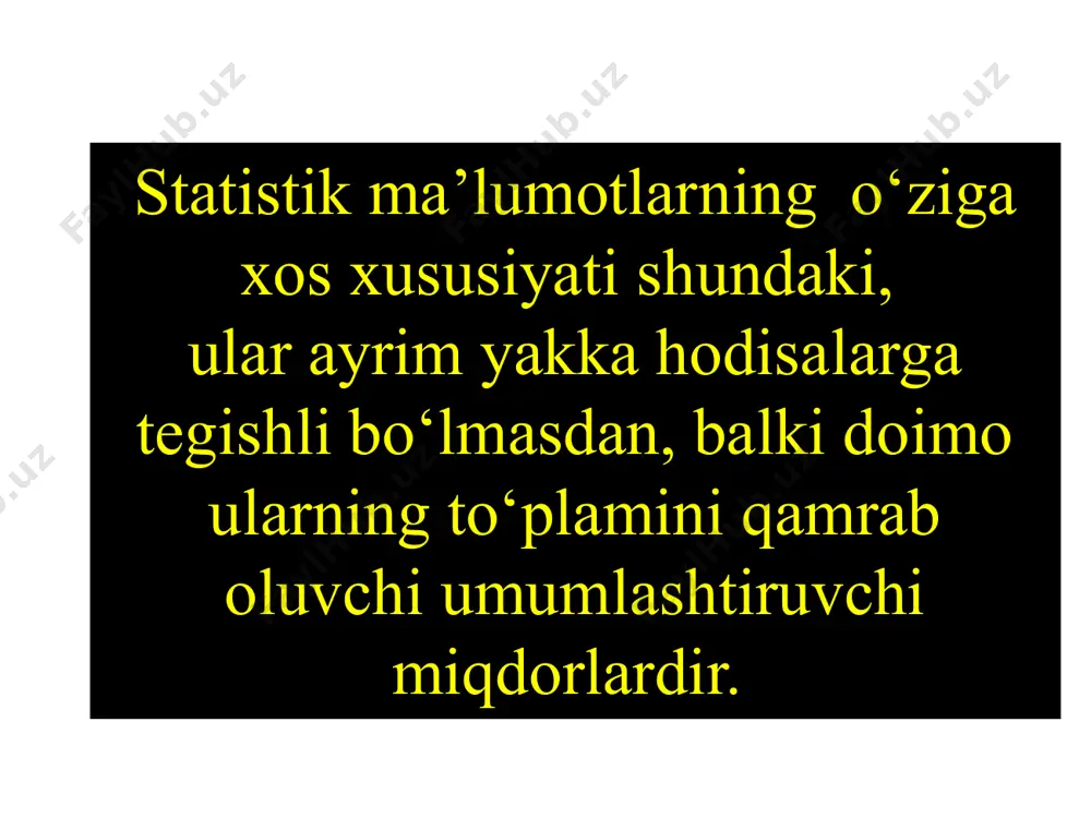 ha hodisalarni statistik usullarda batafsil o’rganadi. aholi (demografik) statistikasi aholining sonini, tarkibi, dinamikasi, tabiiy o’sishi, migratsiyasi va xokazolarni o’rganadi. iqtisodiy statistika 2 ta yirik tarmoqqa bo`linadi. birinchi tarmoqdagi makroiqtisodiy statistika xalq xo`jaligi miqyosida ro`y berayotgan xodisa va voqealarni miqdoriy tomonlarini ularni sifat tomonlari bilan bog’lanishda olib boradi. e’tiboringiz uchun raxmat ! image6.jpeg image7.jpeg image4.jpeg image5.png /docprops/thumbnail.jpeg
