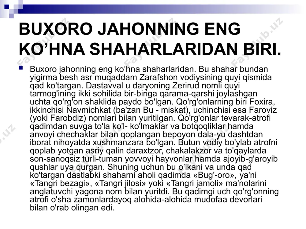 asrlar) kabilarni zavq-shavq bilan tomosha qiladilar. shuning uchun ham bu obidalar hozirgi kunda minglab sayyohlarning diqqat- e’tiborini о'ziga jalb etmoqda. 1997-yilda uneskoning qaroriga asosan dunyoning eng ko’hna shaharlaridan biri bo'lgan buxoroning 2500 yillik yubileyi jahon jamoatchiligi vakillari ishtirokida keng nishonlandi. buxoro tarixiy obidalarga juda boy. mustaqillik yillarida qadimgi me'moriy yodgorliklarning barchasi ta'mirlanib, о'zining asliy qiyofasiga ega bo'idi. hozirgi davrda buxoro mamlakatimizda tobora kengayib borayotgan turizmning jozibador maskanlaridan biriga ay!andi. buxoroga уо'l olgan sayohatchilar shaharning dovrug'ini jahonga taratgan noyob me'moriy obidalardan ismoil somoniy maqbarasi (9 — 1о-asrlar), minorai kalon (12- asr), masjidi mag'oki attori (12-asr) (chashmai ayub (12 — 14-asr), toqi zargaron, toqi telpakfurushon, toqi sarrofon ansambllari (16- asr), ark (mil. av. 4 — 3-asrlar — 20-asr boshi) ulug'bek madrasasi (1417), kalon jome masjidi (16-asr), ayniqsa labi hovuz maydonidagi me'moriy obidalar majmui (16 — 17- asrlar) kabilarni zavq-shavq bilan tomosha qiladilar. shuning uchun ham bu obidalar hozirgi kunda minglab sayyohlarning diqqat- …